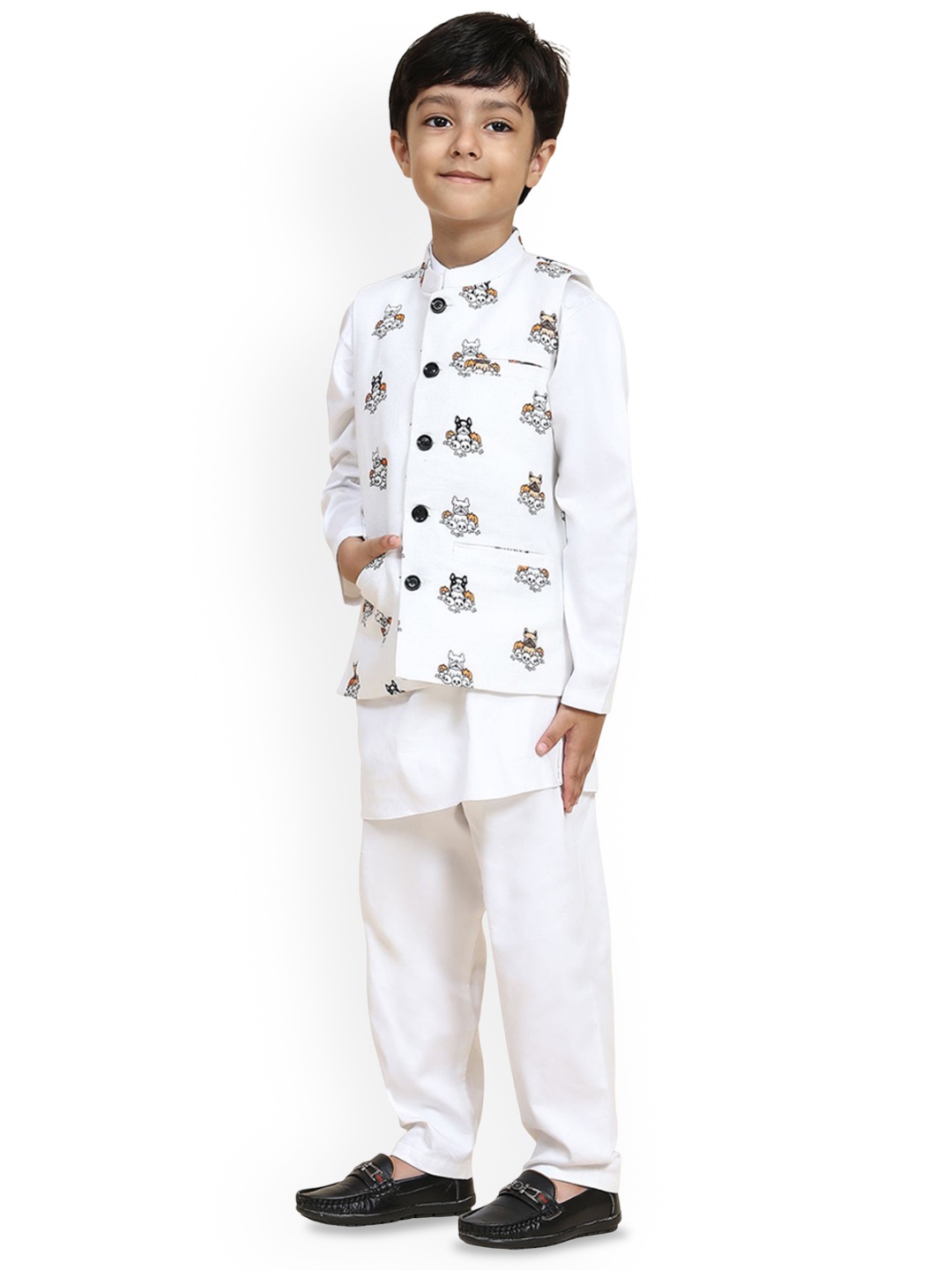 

Funny Bones Clothings Boys Animals Printed Band Collar Kurta With Pyjamas And Koti, White
