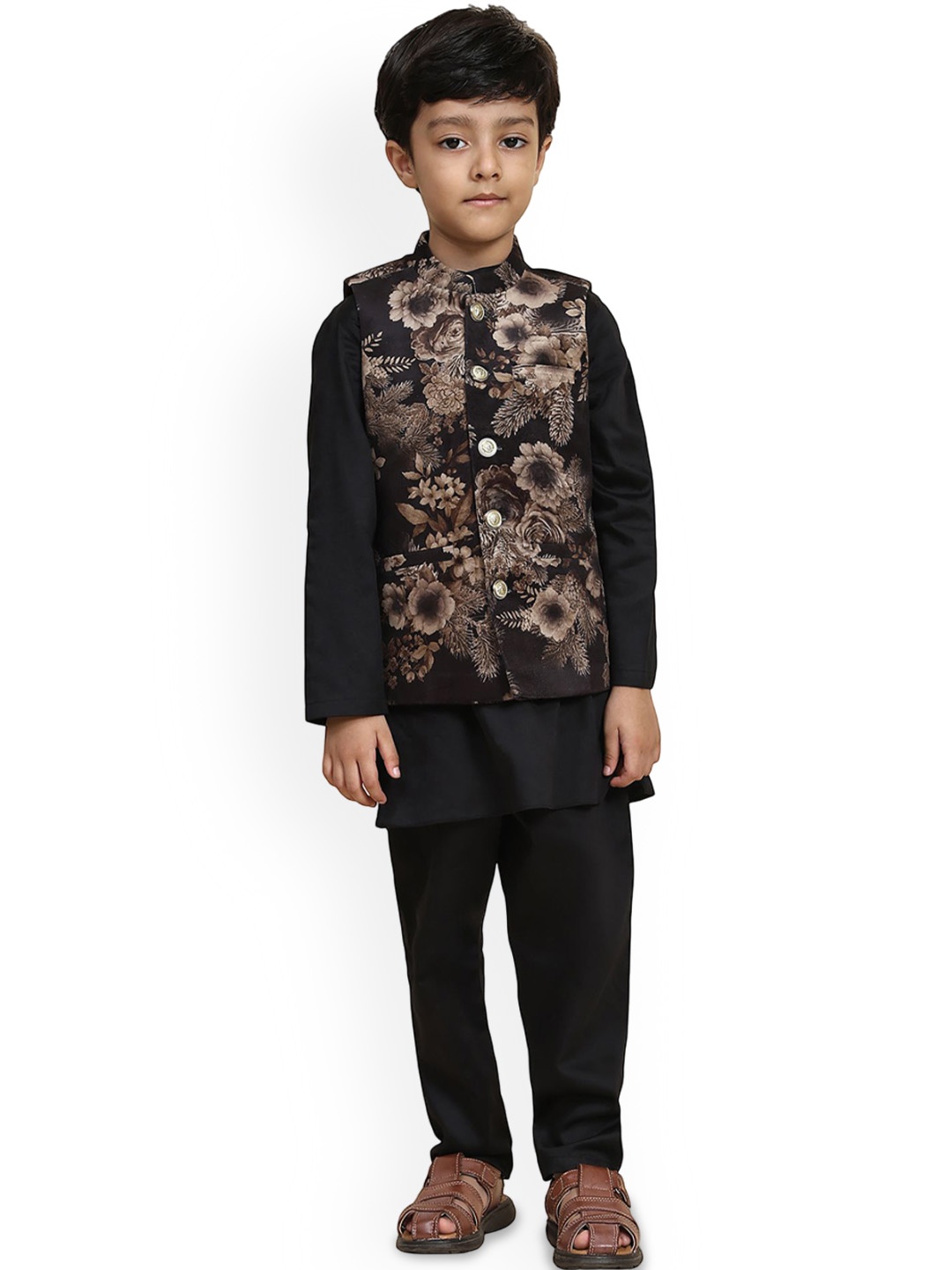 

Funny Bones Clothings Boys Floral Printed Band Collar Kurta With Pyjamas And Koti, Black