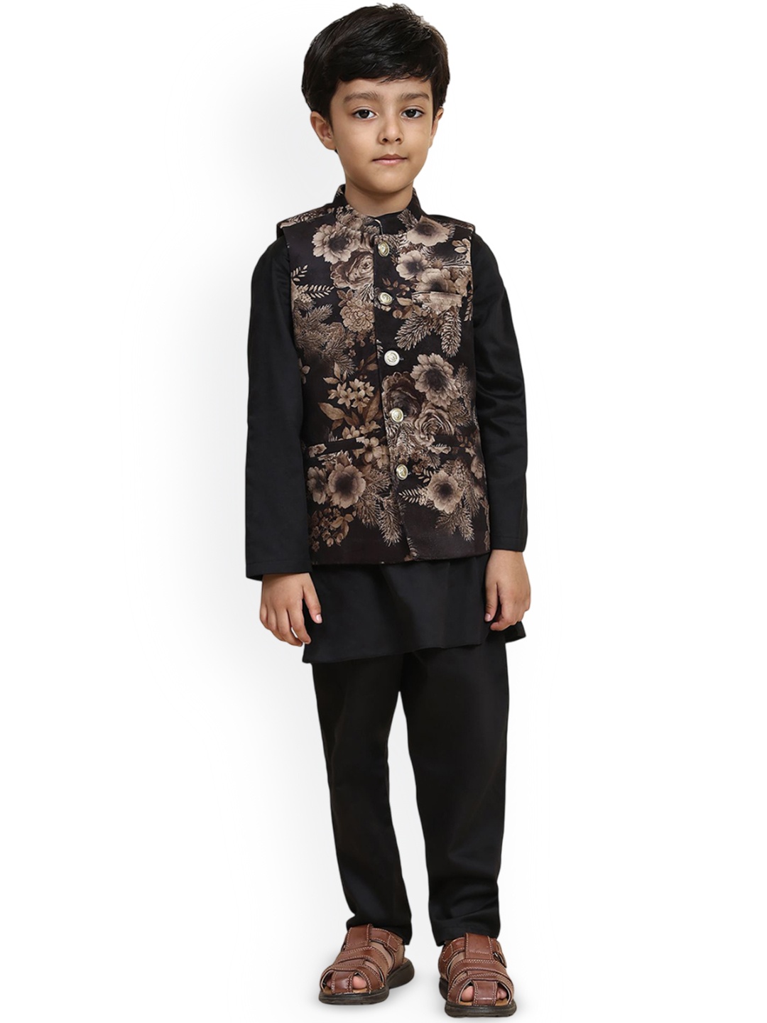 

Funny Bones Clothings Boys Floral Printed Band Collar Kurta With Pyjamas And Koti, Black