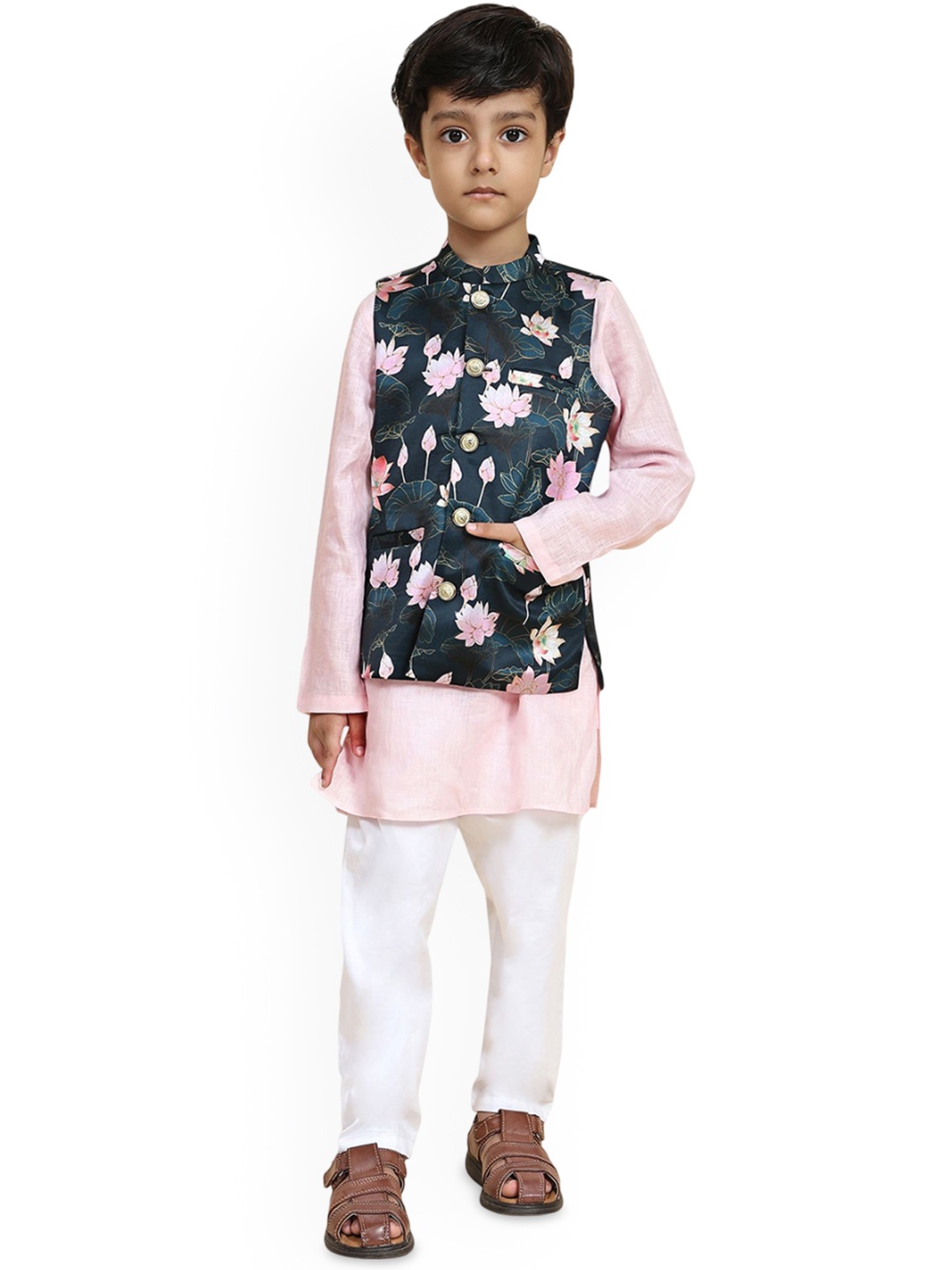 

Funny Bones Clothings Boys Floral Printed Pure Cotton Kurta With Trouser And Nehru Jacket, Pink