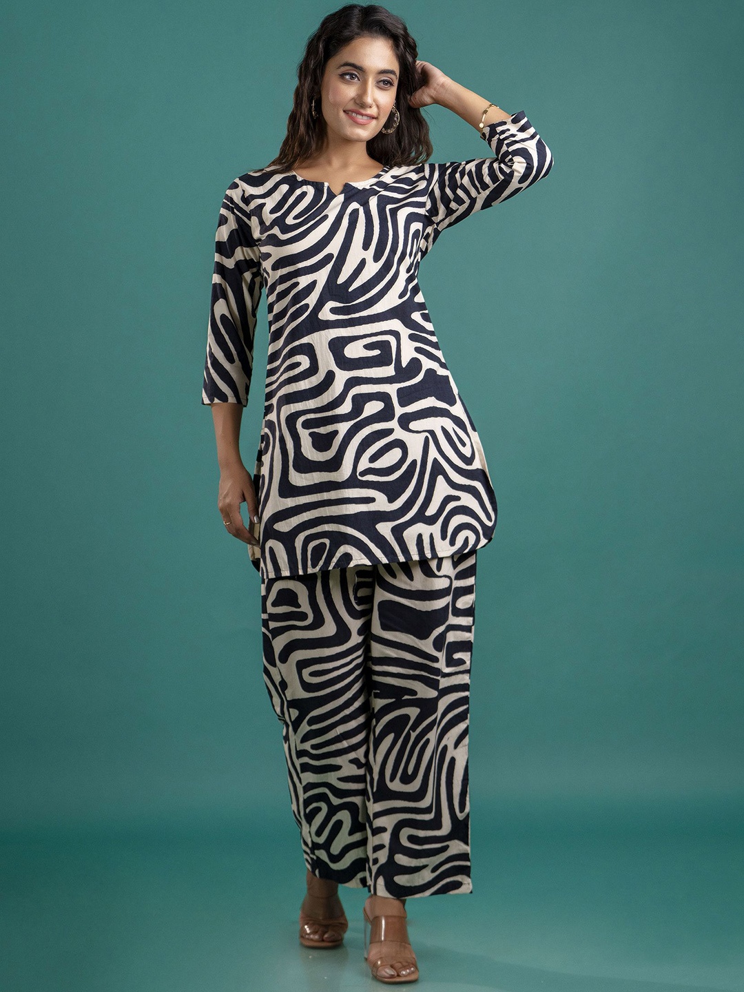 

Anouk Black Abstract Printed Notch Neck Pure Cotton Top And Trouser