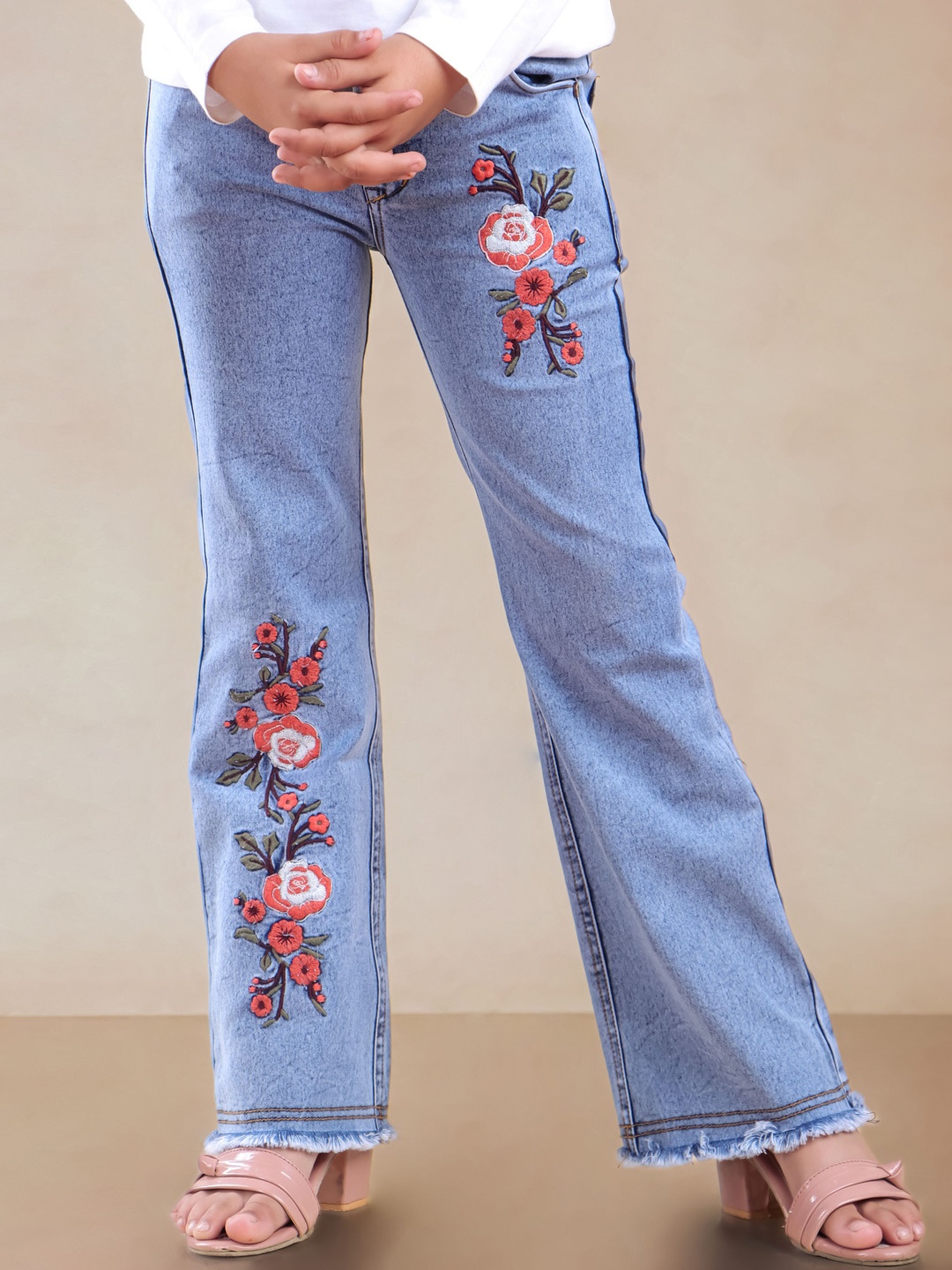 

Nino Togs Girls Flared Embroidered Light Fade Stretchable Jeans, Blue