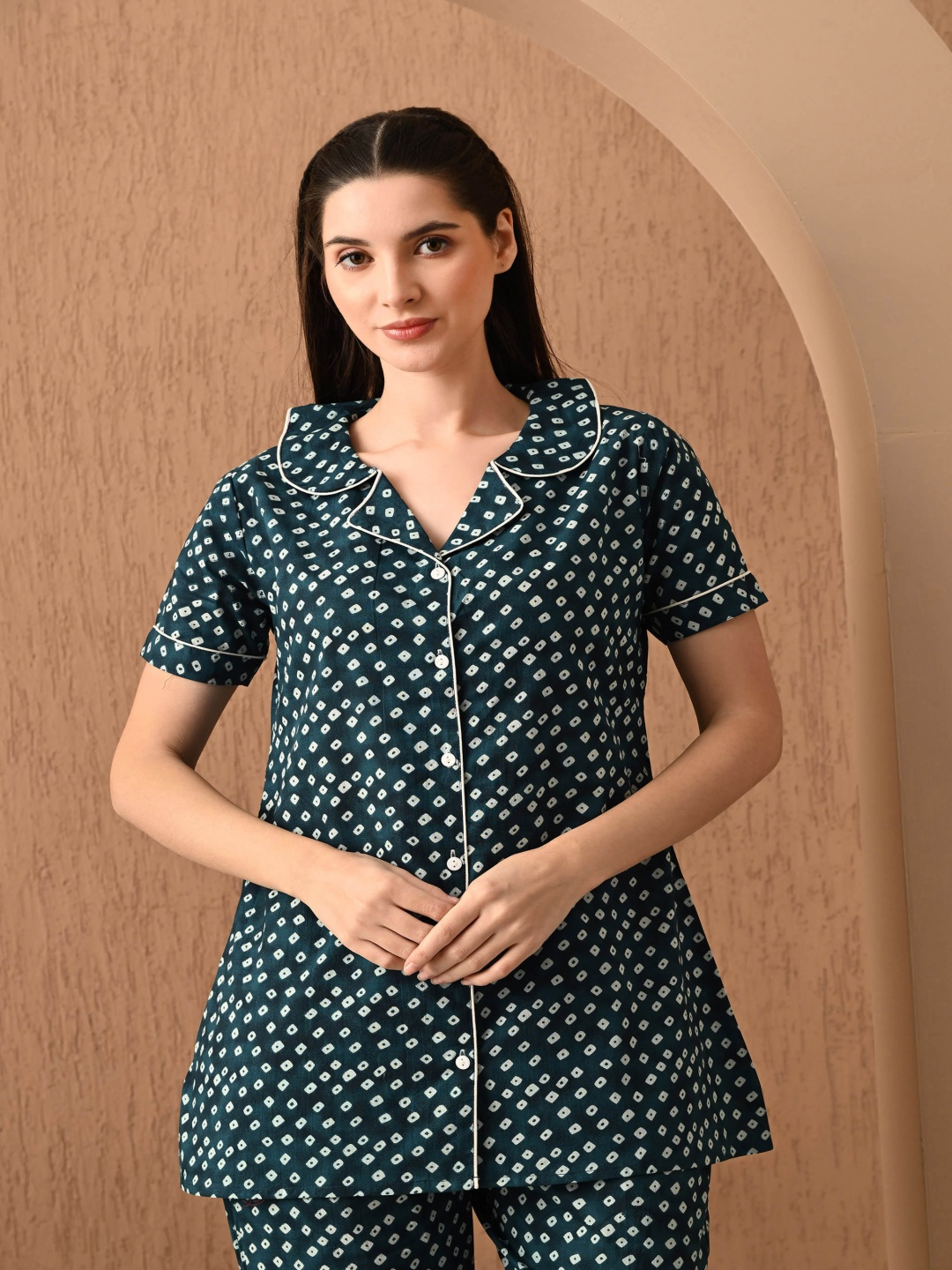 

Jasoriya Geometric Printed Lapel Collar Shirt And Pyjamas, Blue