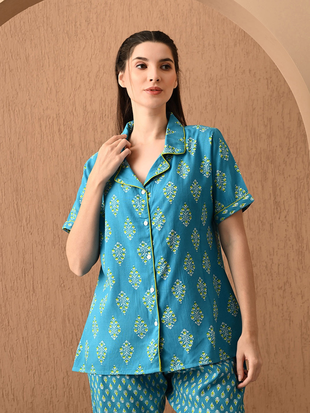 

Jasoriya Floral Printed Lapel Collar Shirt With Pyjamas Night Suits, Turquoise blue