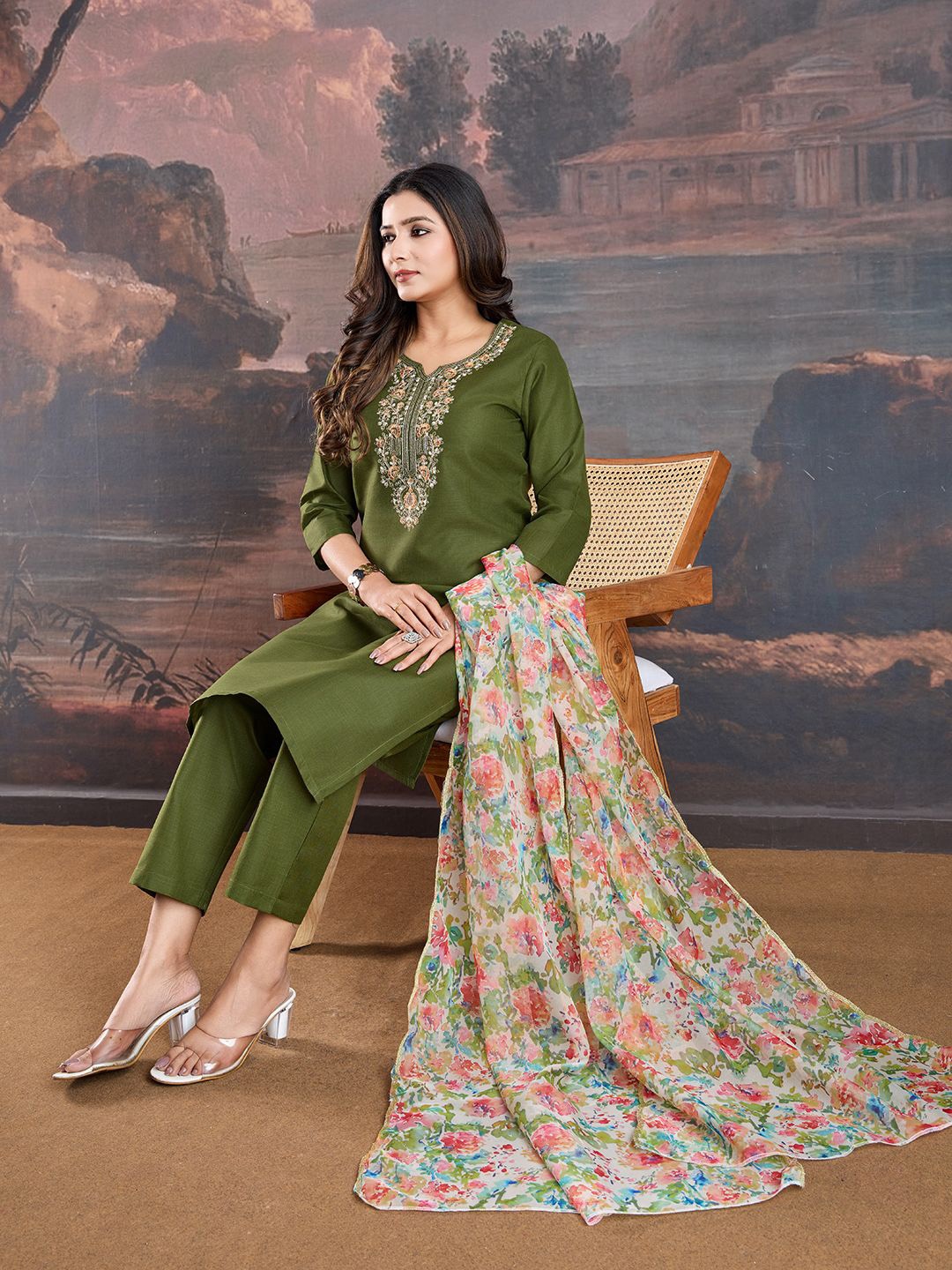 

House of Pataudi Floral Embroidered Yoke Design Straight Kurta With Trouser And Dupatta, Green