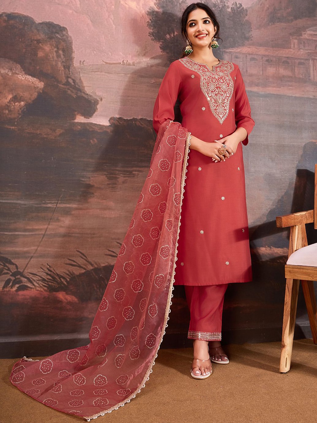 

House of Pataudi Floral Embroidered Notch Neck Zari Straight Kurta With Trouser & Dupatta, Rust