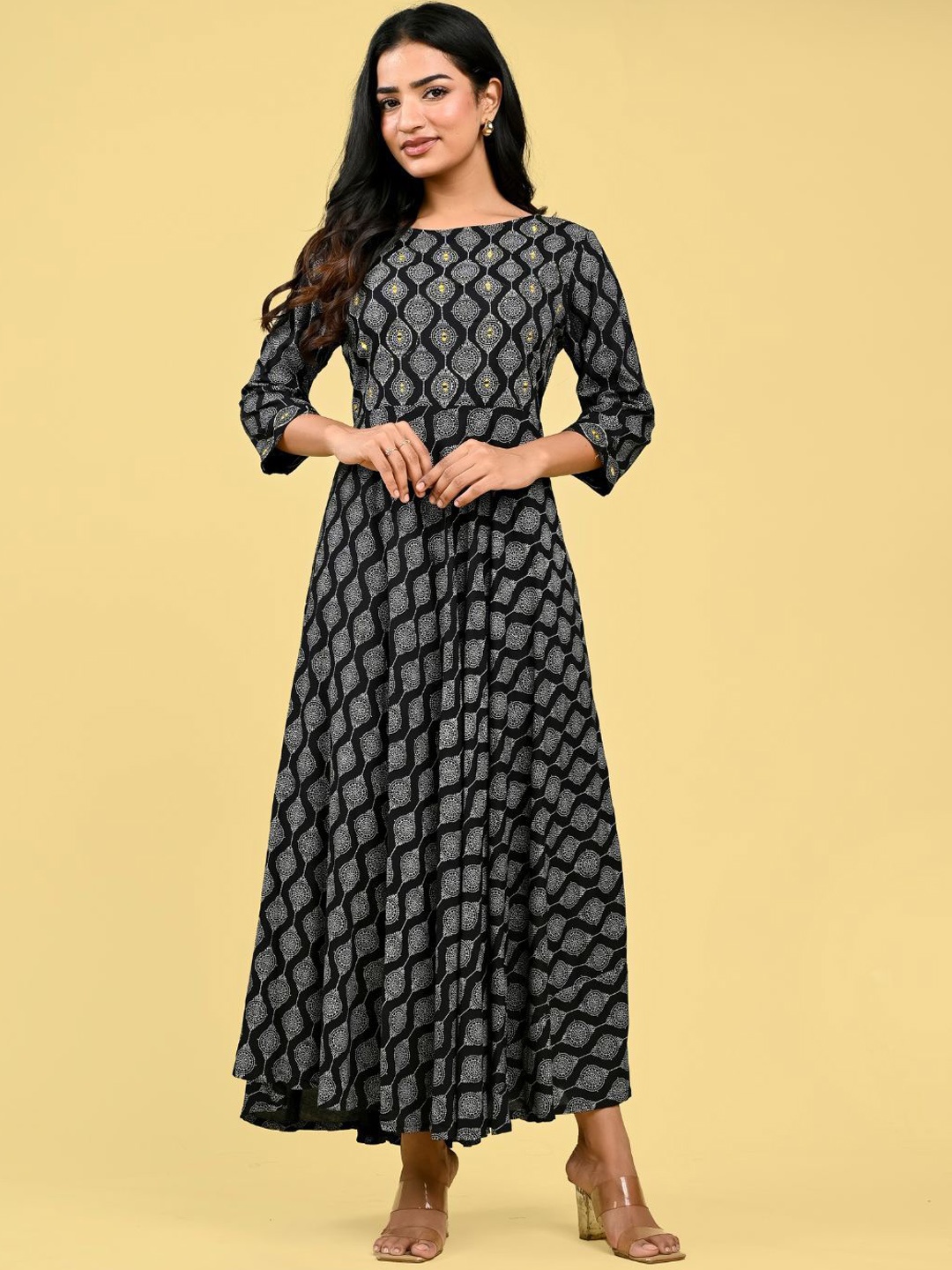 RAAKA Ethnic Motifs Printed Round Neck Anarkali Kurta, Black