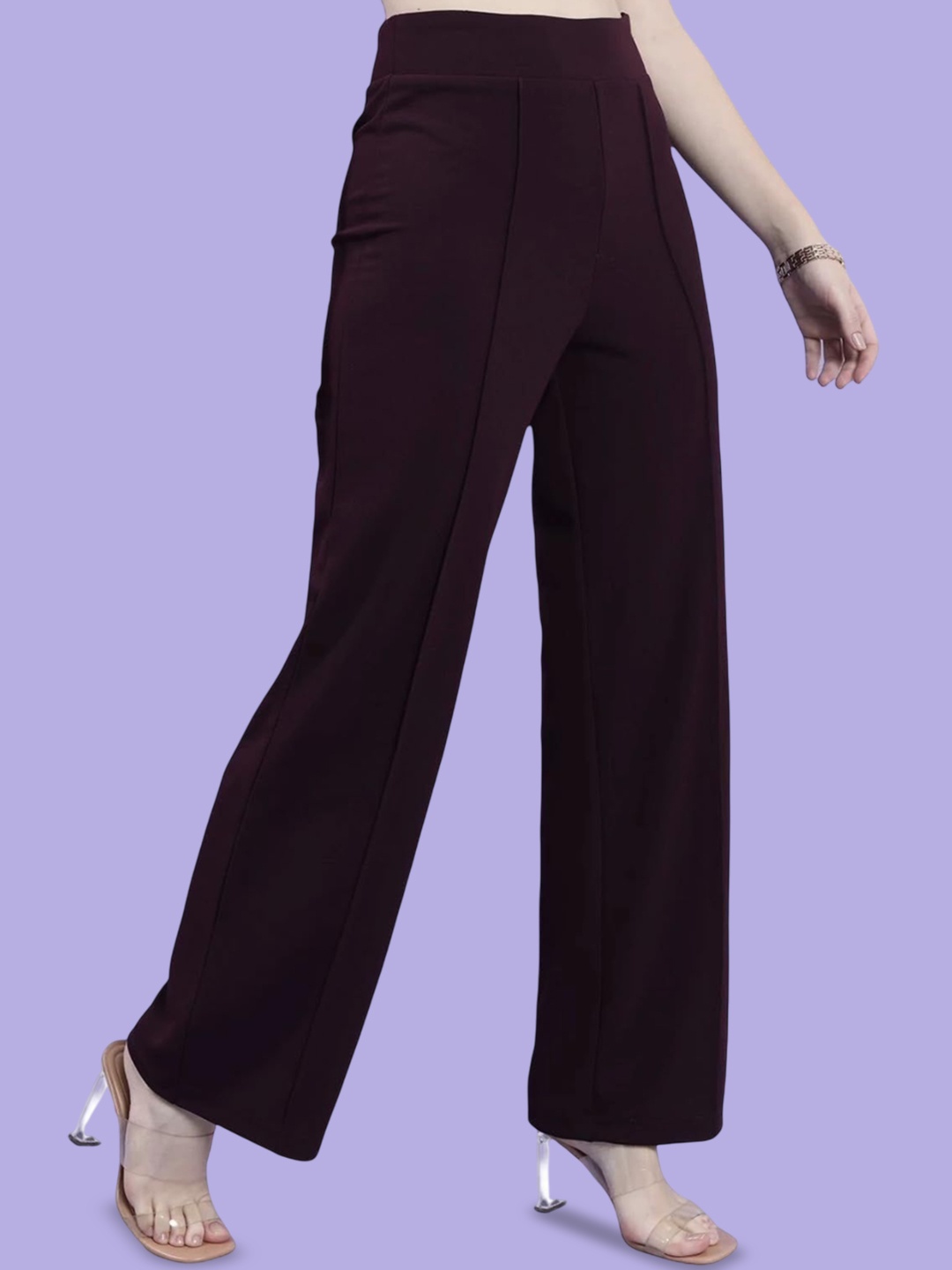 

BENZOS Women Cotton Mid-Rise Regular Wide Leg Trousers, Purple