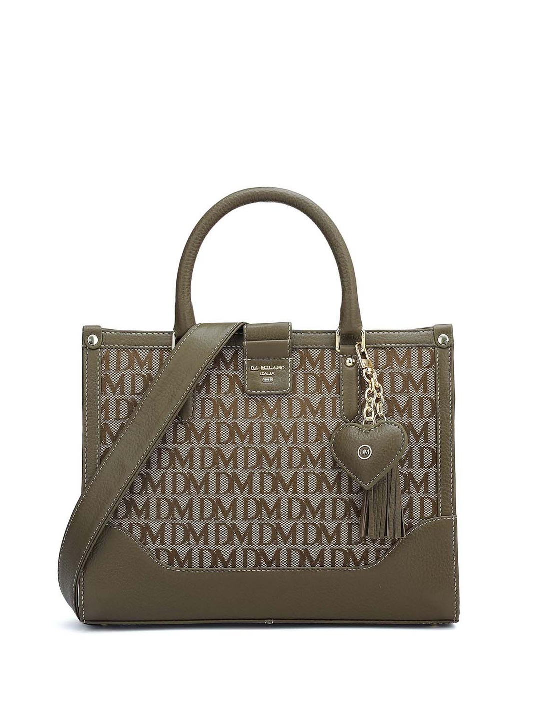 

Da Milano Typography Printed Leather Structured Handheld Bag, Olive