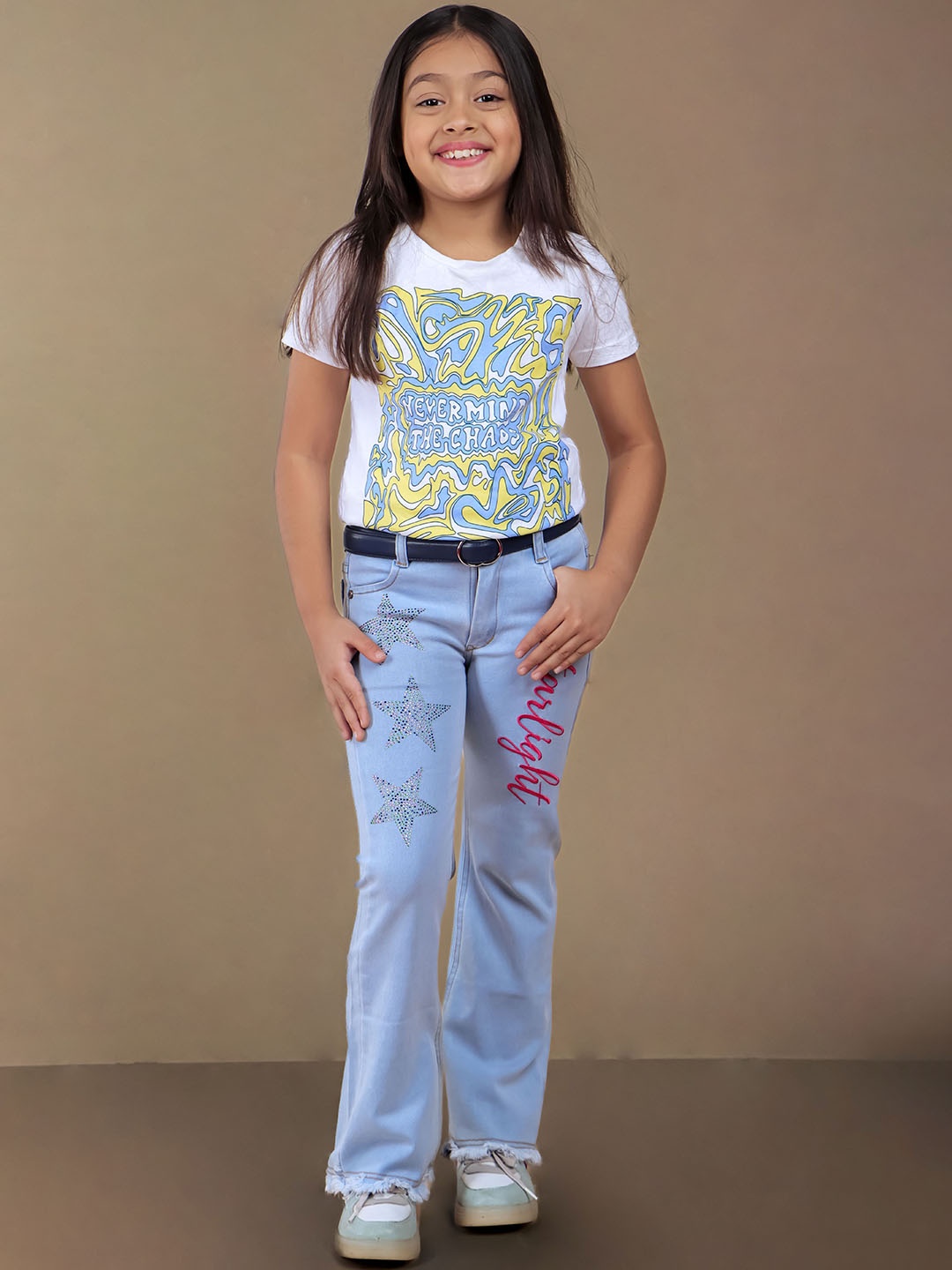 

Nino Togs Girls Flared Low Distress Light Fade Stretchable Jeans, Blue