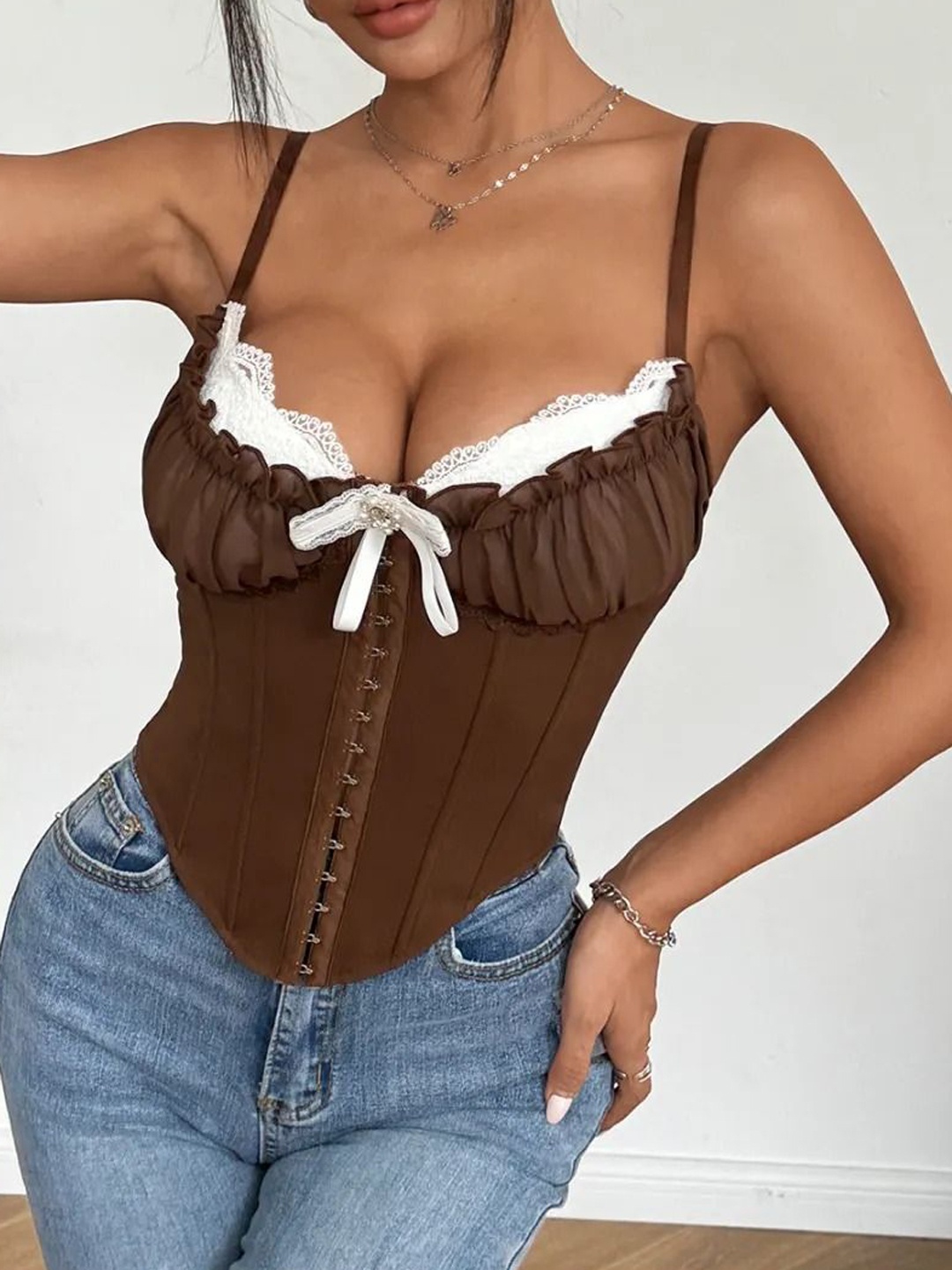 

SUPERVINTAGE Women Shoulder Strap Corset, Brown