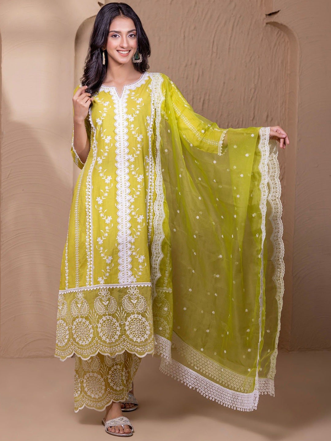 

SEW Floral Threadwork Lace Work schiffli Pure Cotton A Line Kurta With Palazzos & Dupatta, Mustard