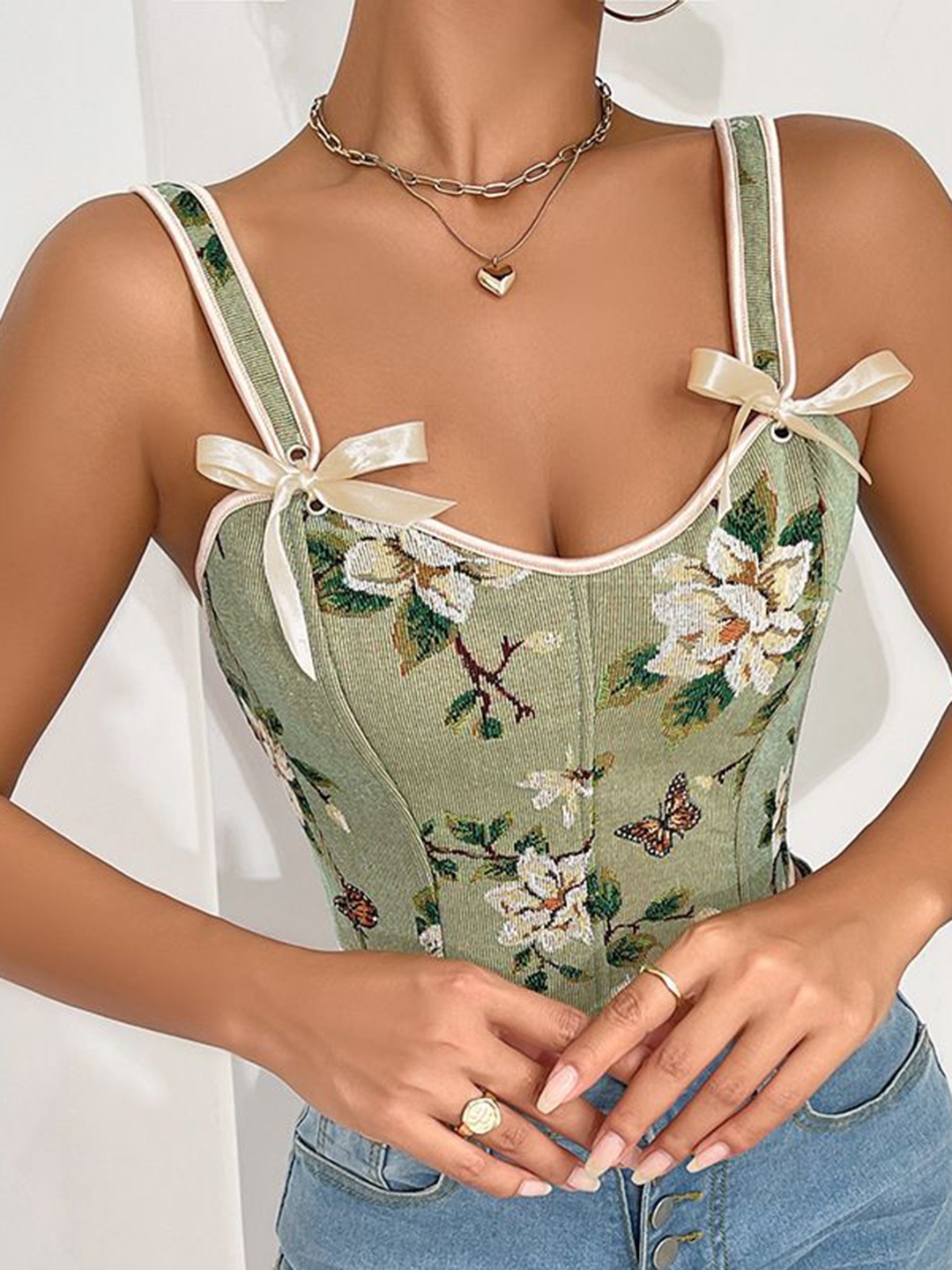 

SUPERVINTAGE Women Shoulder Strap Neck Corset, Green