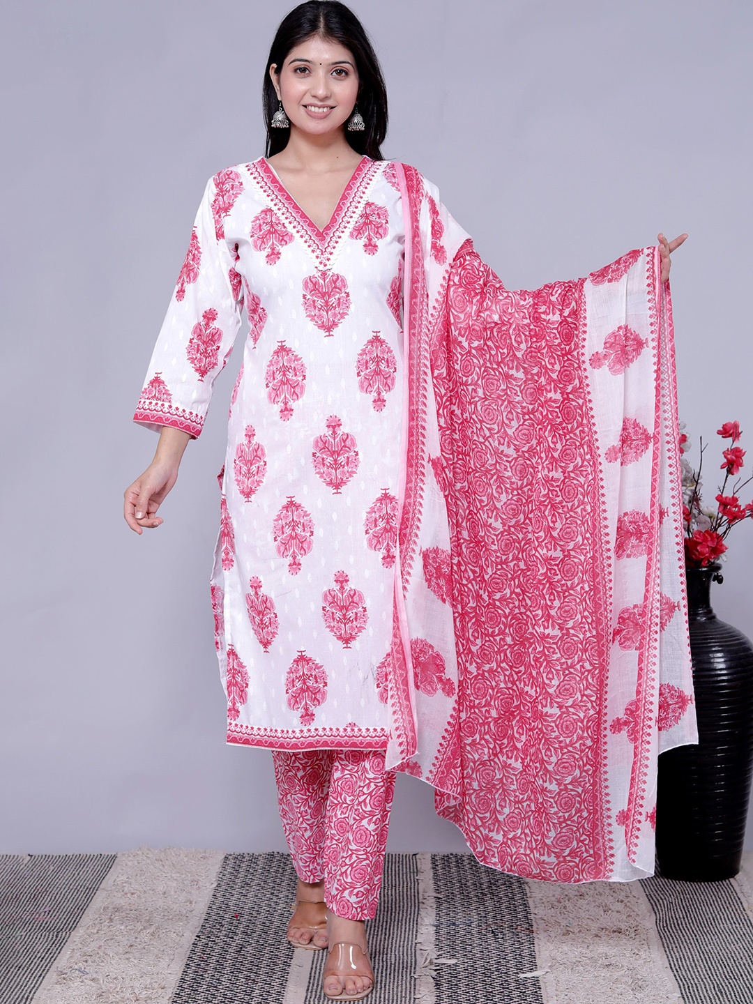 

KALINI Floral Printed V-Neck Pure Cotton Straight Kurta With Trouser & Dupatta, Pink