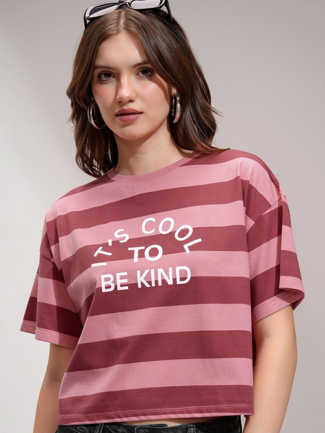 

Tokyo Talkies Women Stripe Round Neck Drop Shoulder Boxy T-Shirt, Peach