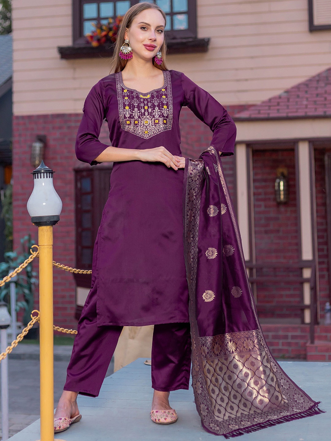 

Siya Fashion Floral Yoke Design Round Neck Straight Kurta With Trousers & Dupatta, Purple