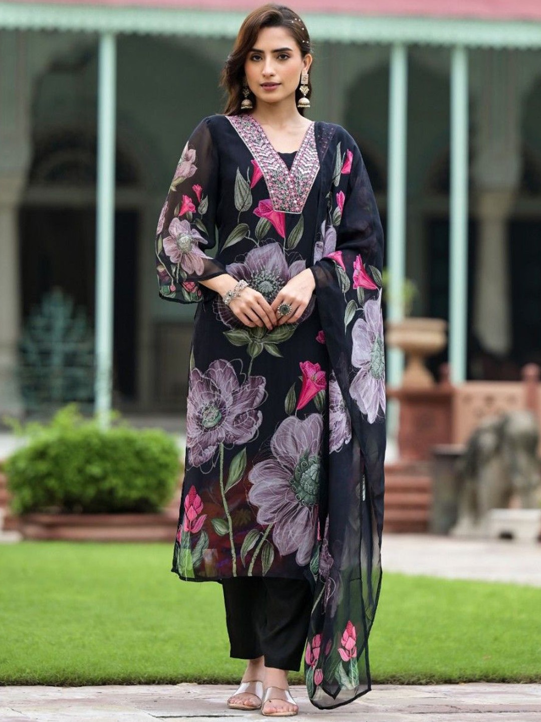 

Siya Fashion Floral Printed Yoke Design Mirror Work Kurta With Trouser And Dupatta, Black