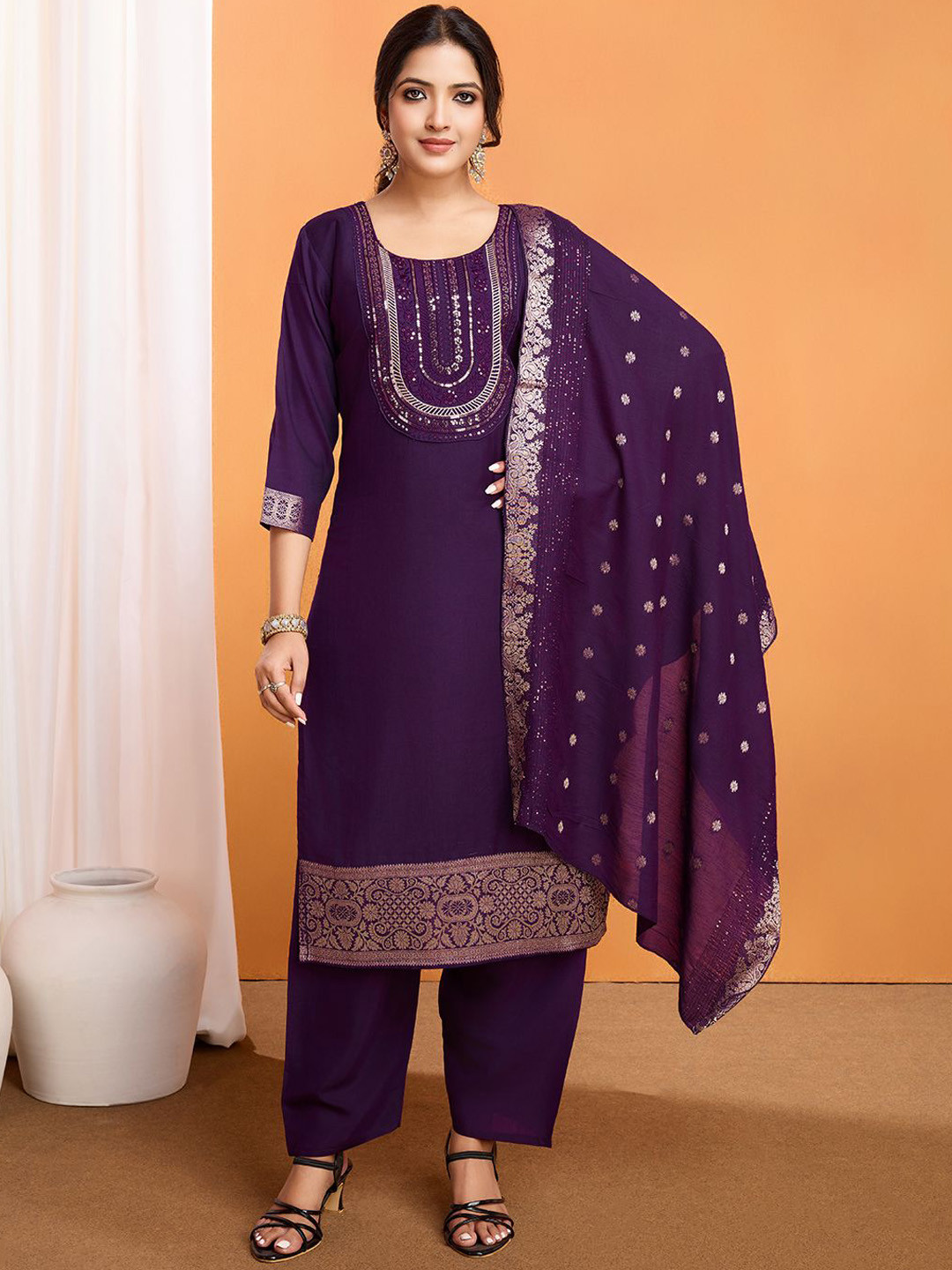 

Siya Fashion Floral Embroidered Round Neck Sequinned Straight Kurta With Trouser & Dupatta, Purple