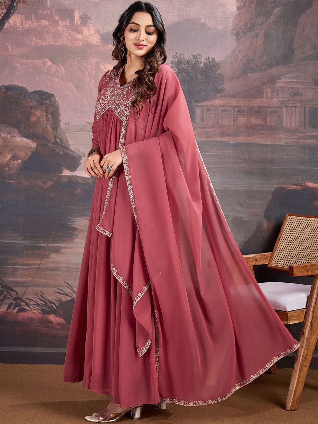 

House of Pataudi Floral Embroidered V-Neck Ethnic Dress With dupatta, Pink