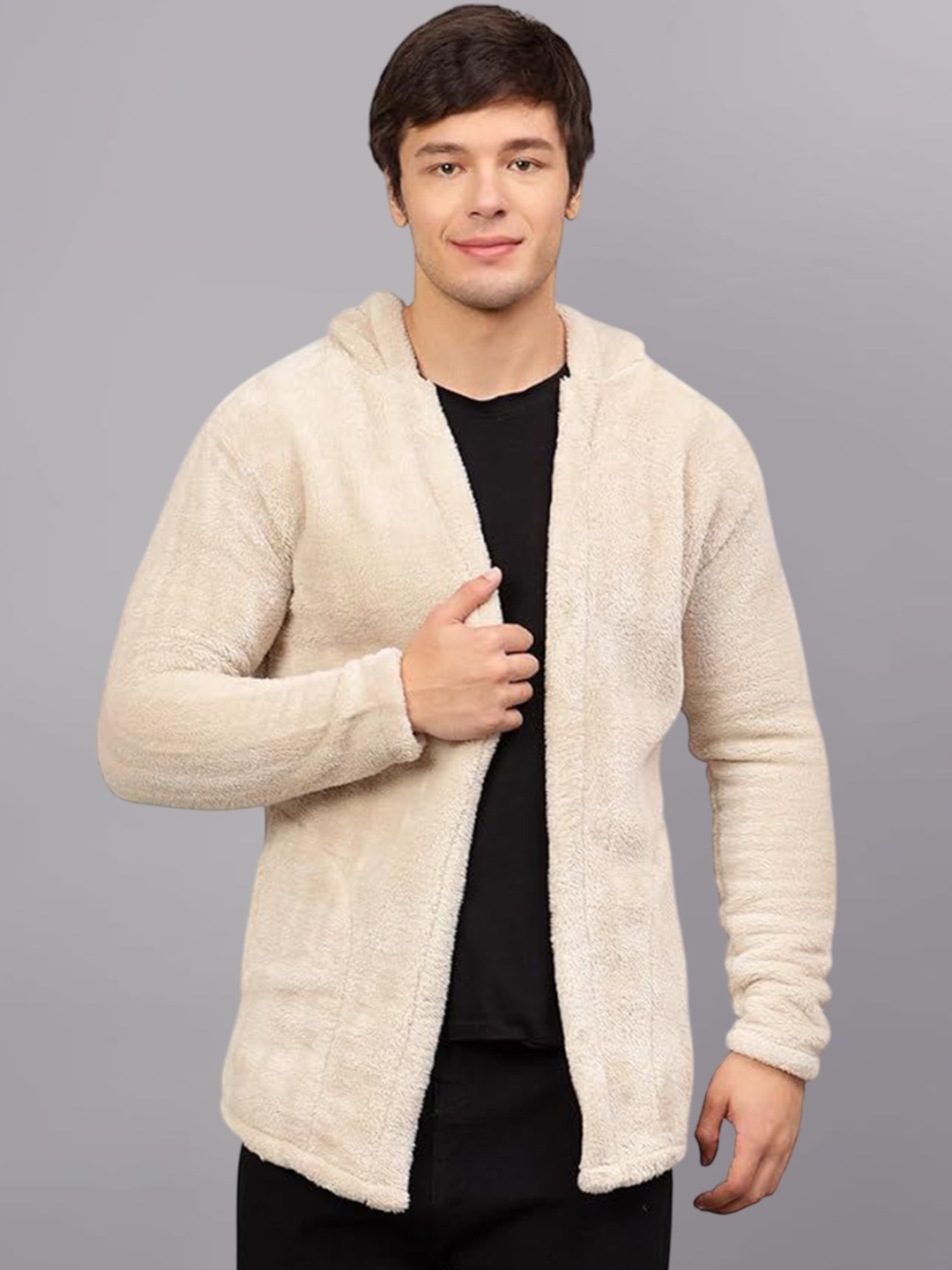 

Ben Martin Men Hooded Self Design Fleece Casual Lightweight Open Front Jacket, Beige