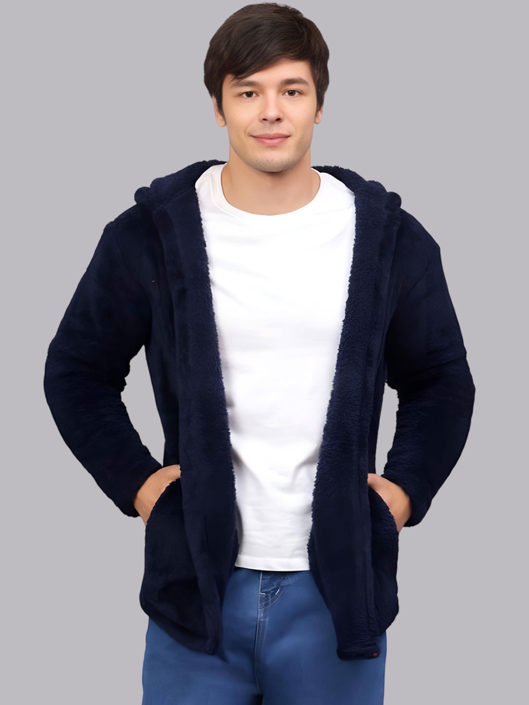 

Ben Martin Men Hooded Self Design Fleece Casual Lightweight Parka Jacket, Navy blue