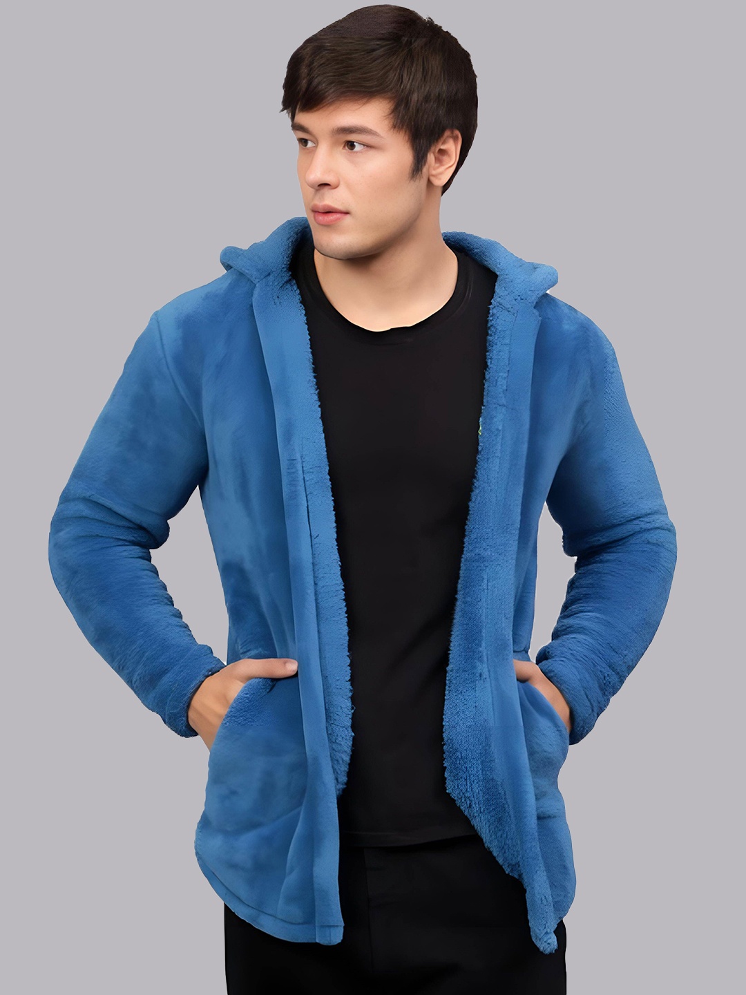 

Ben Martin Men Hooded Self Design Fleece Casual Lightweight Parka Jacket, Blue