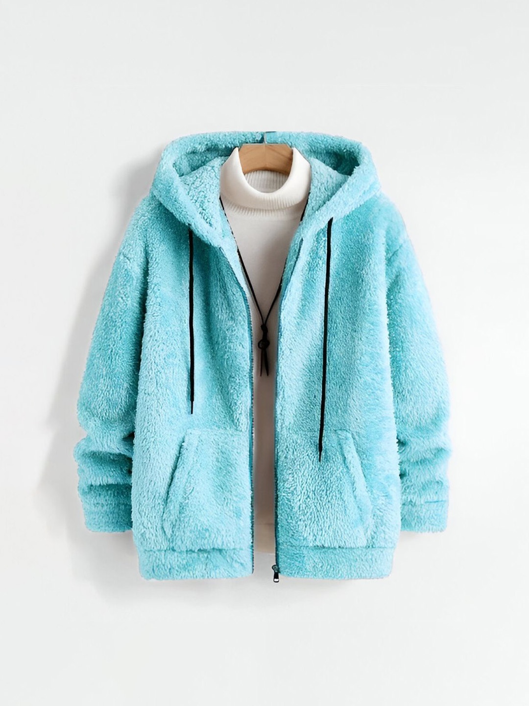 

Ben Martin Men Hooded Self Design Fleece Casual Lightweight Bomber Jacket, Turquoise blue