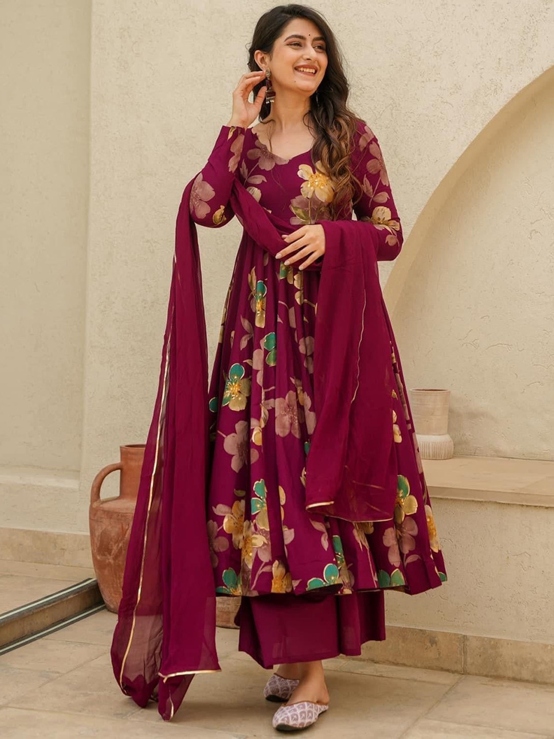 

Idaho Clothing Women Printed Pure Cotton Kurta with Palazzos & With Dupatta, Maroon