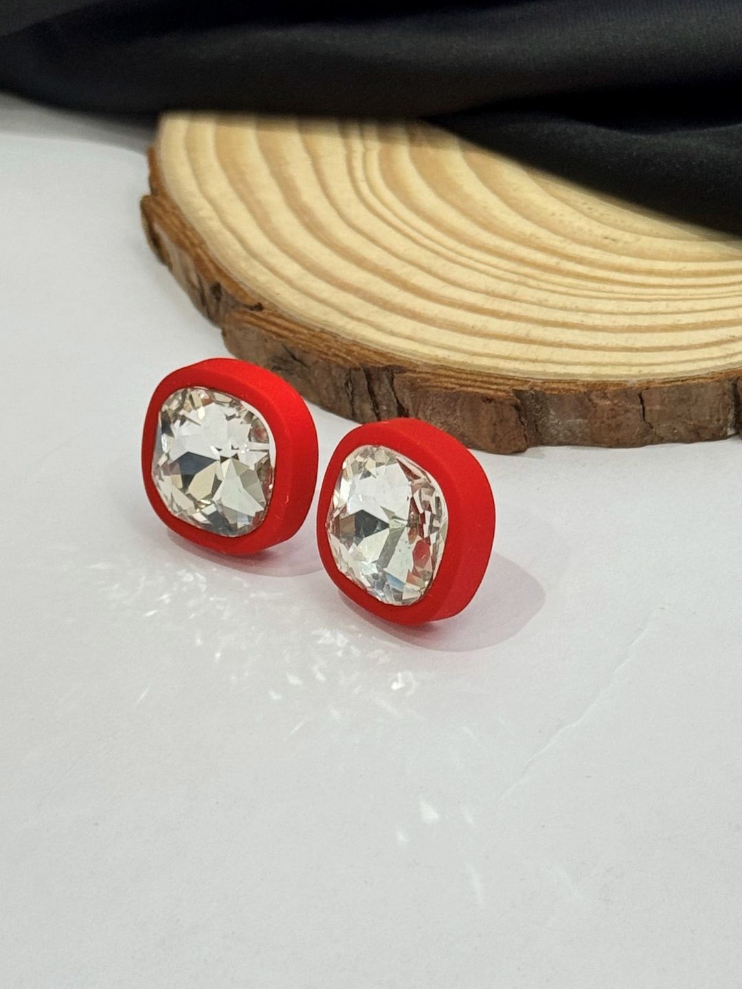 

The Jewellery Tale Artificial Stones Studded Square Shaped Studs Earrings, Red