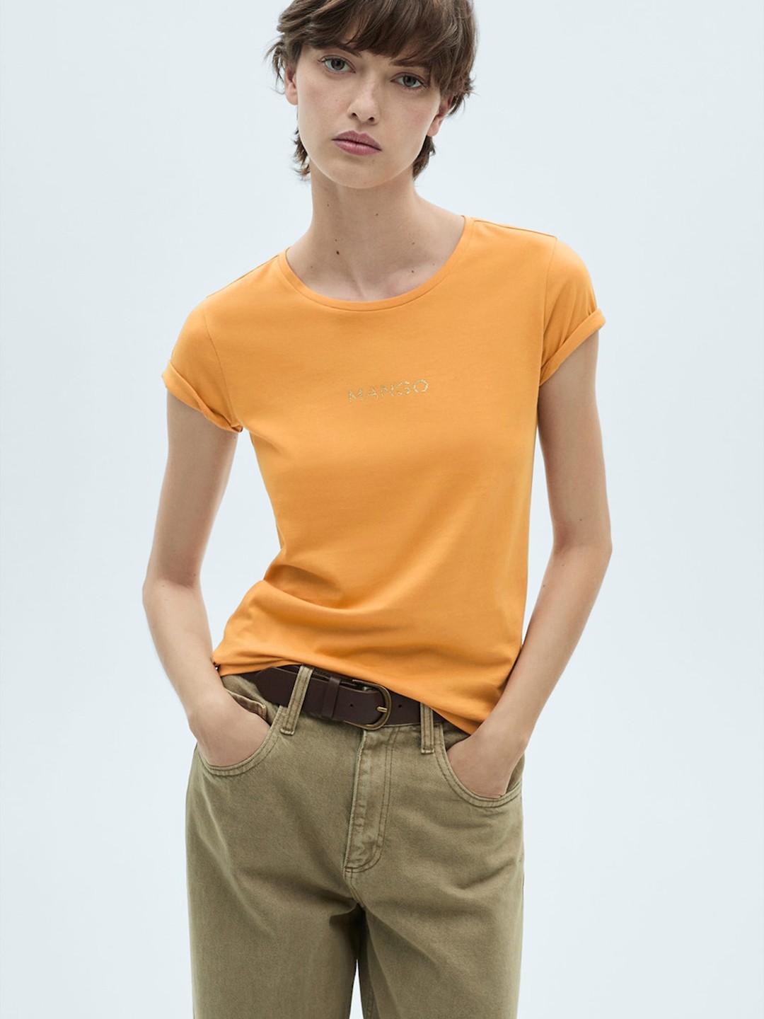 

MANGO Women Pure Cotton T-shirt, Mustard