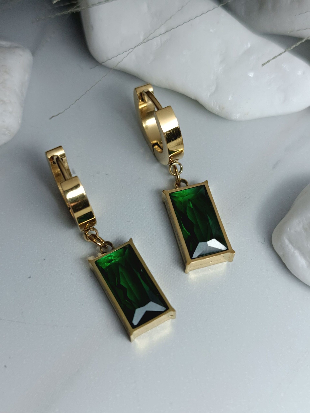 

Palli Creation Gold-Plated Crystals Rectangular Drop Earrings, Green