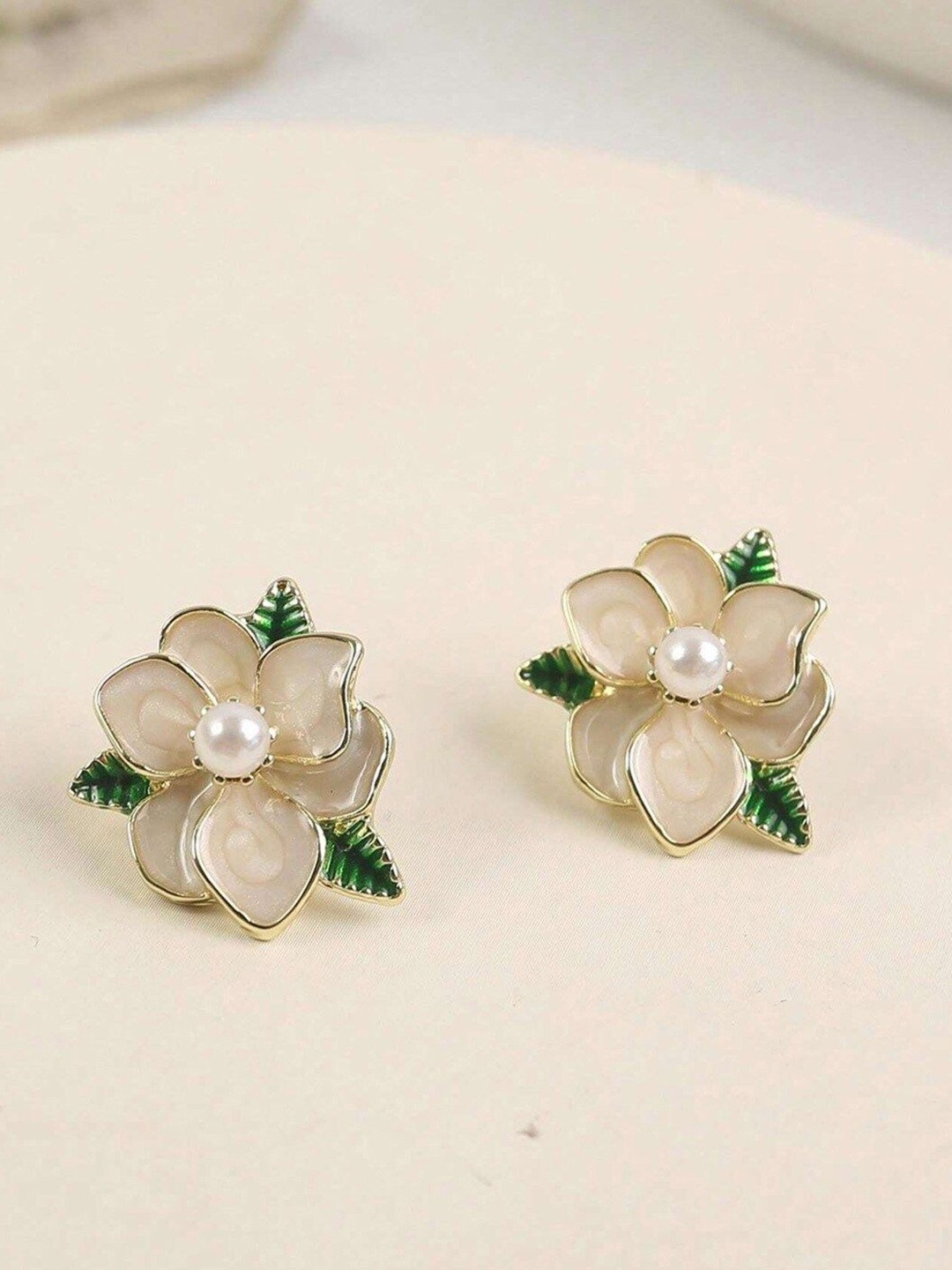 

Palli Creation Gold-Plated Artificial Beads Floral Studs, White