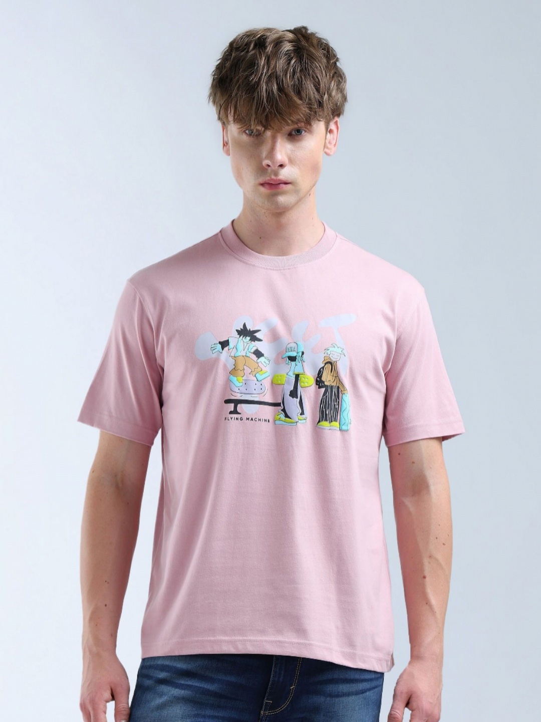 

Flying Machine Graphic Printed Relaxed Fit Pure Cotton T-shirt, Pink