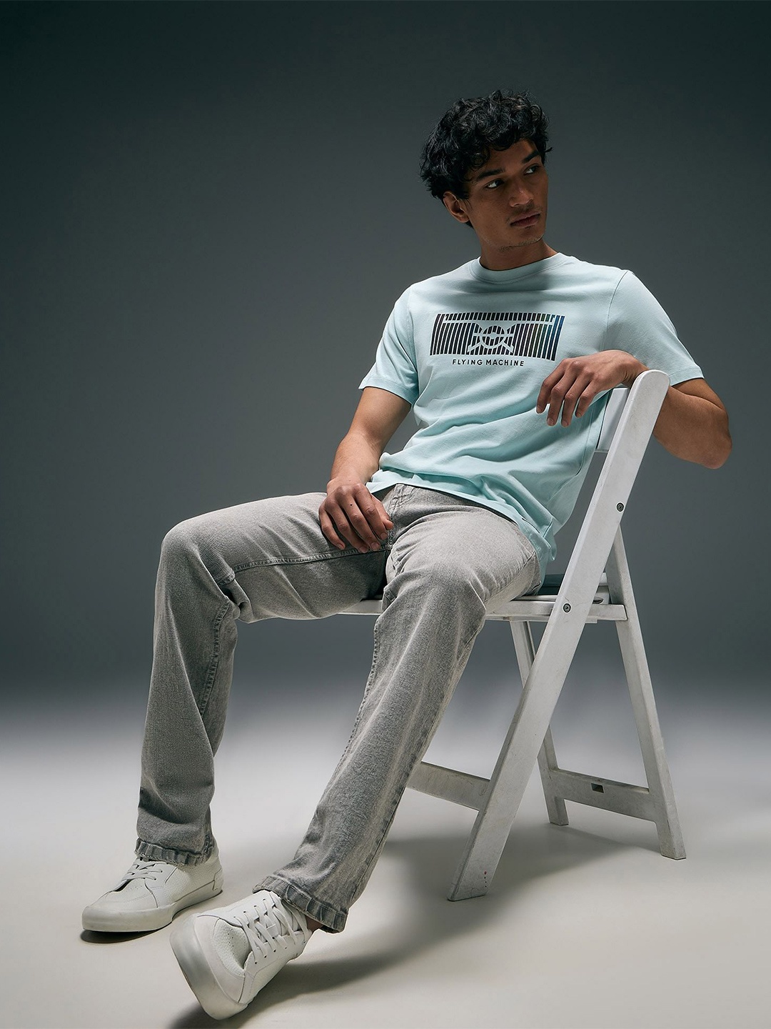 Flying Machine Brand Logo Printed Pure Cotton T-shirt, Blue