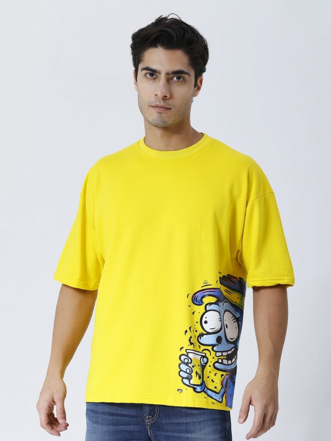 

HOUSE OF RS Men Printed Drop-Shoulder Sleeves Raw Edge T-shirt, Yellow