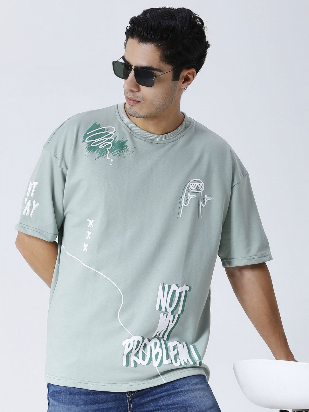 

HOUSE OF RS Men Typography Printed Applique T-shirt, Sea green