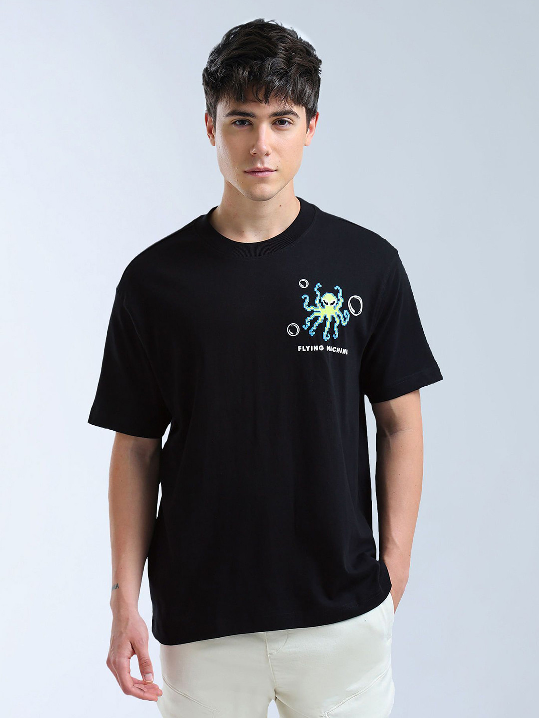 

Flying Machine Graphic Printed Ribbed Crew Neck Cotton T-shirt, Black