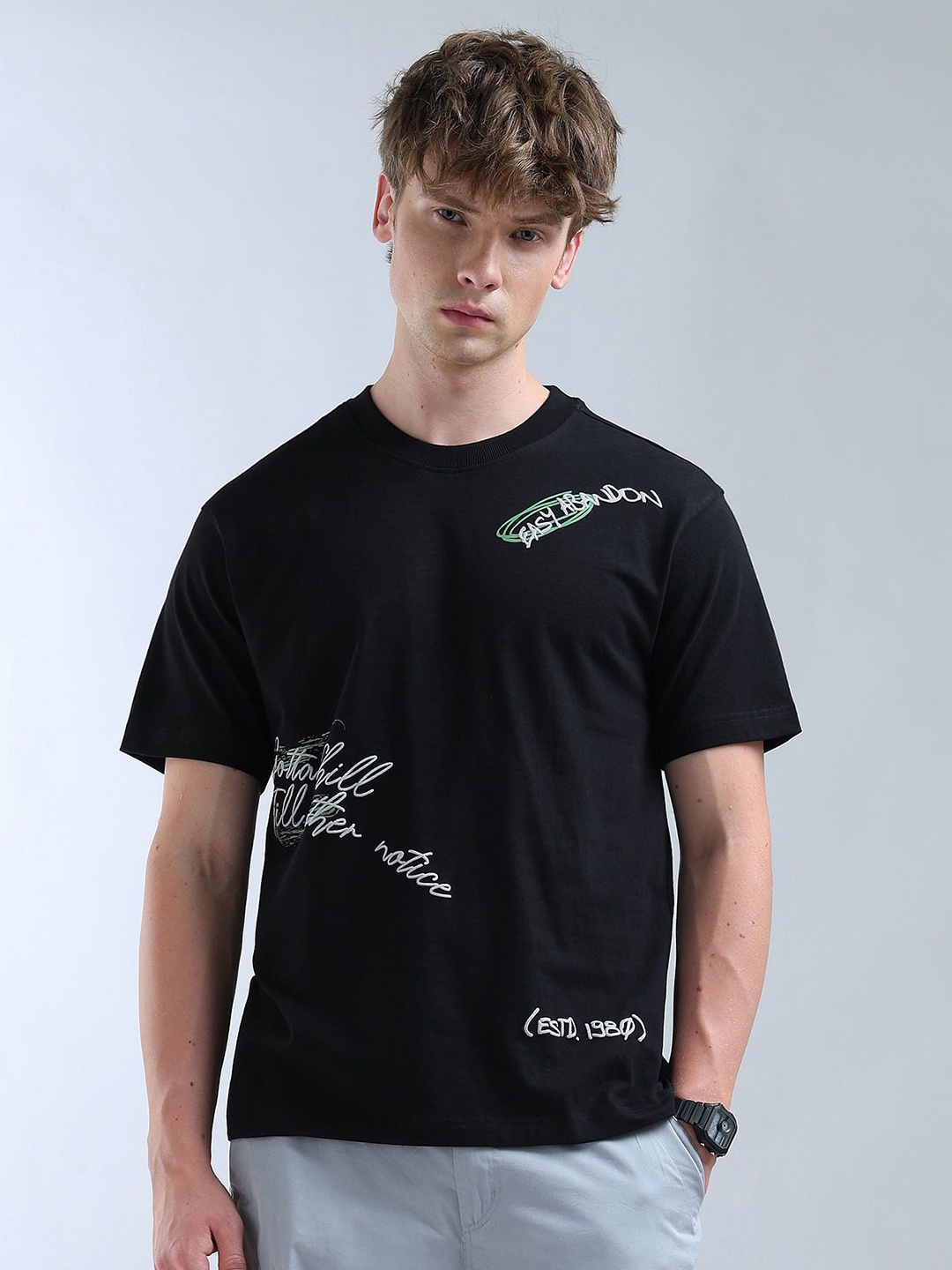 

Flying Machine Typography Printed Crew Nek Pure Cotton Relaxed Fit T-shirt, Black