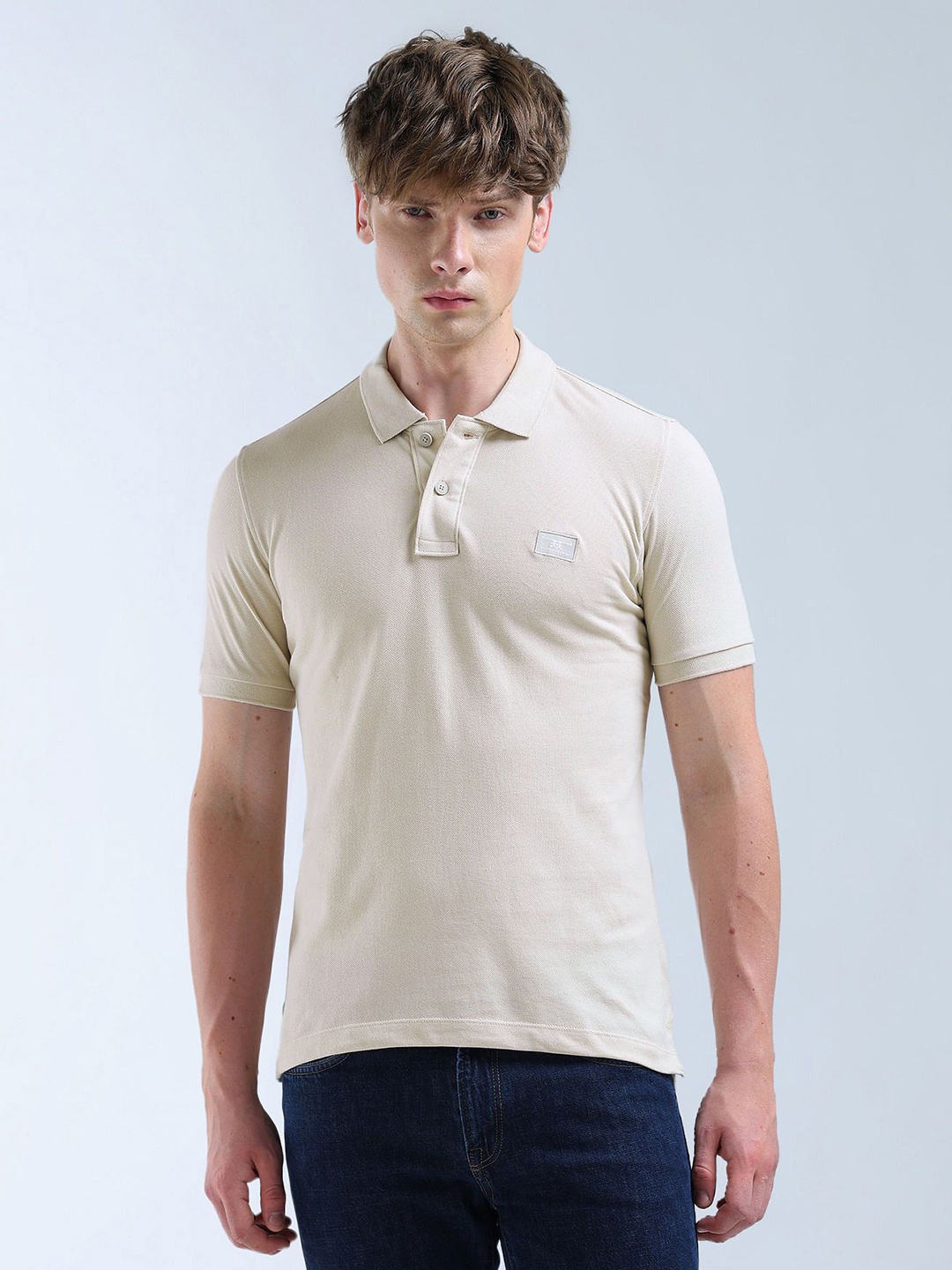

Flying Machine Polo Collar Short Sleeves Pure Cotton Casual T-shirt, Beige