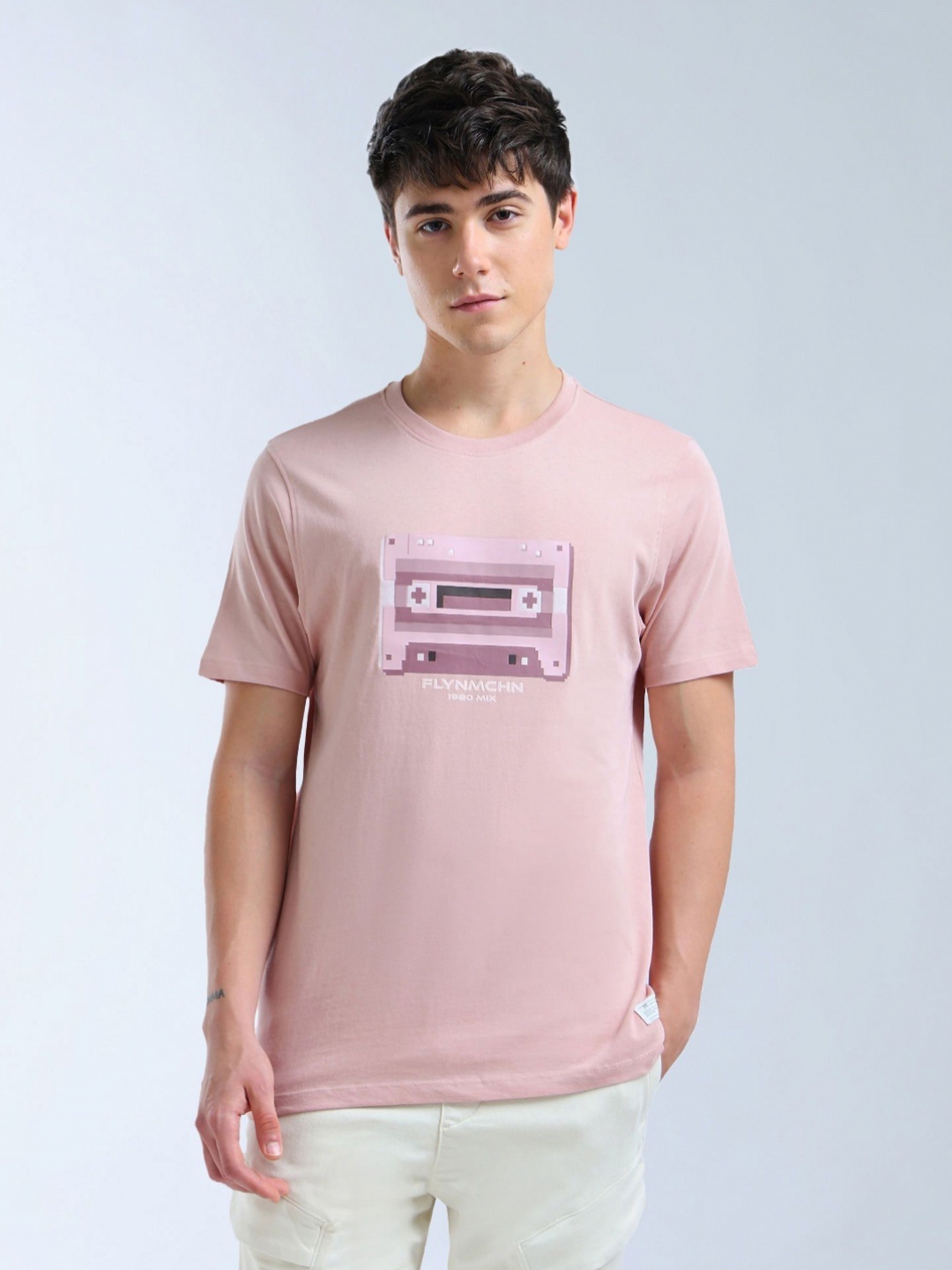 Flying Machine Graphic Printed Ribbed Crew Neck Cotton T-shirt, Pink