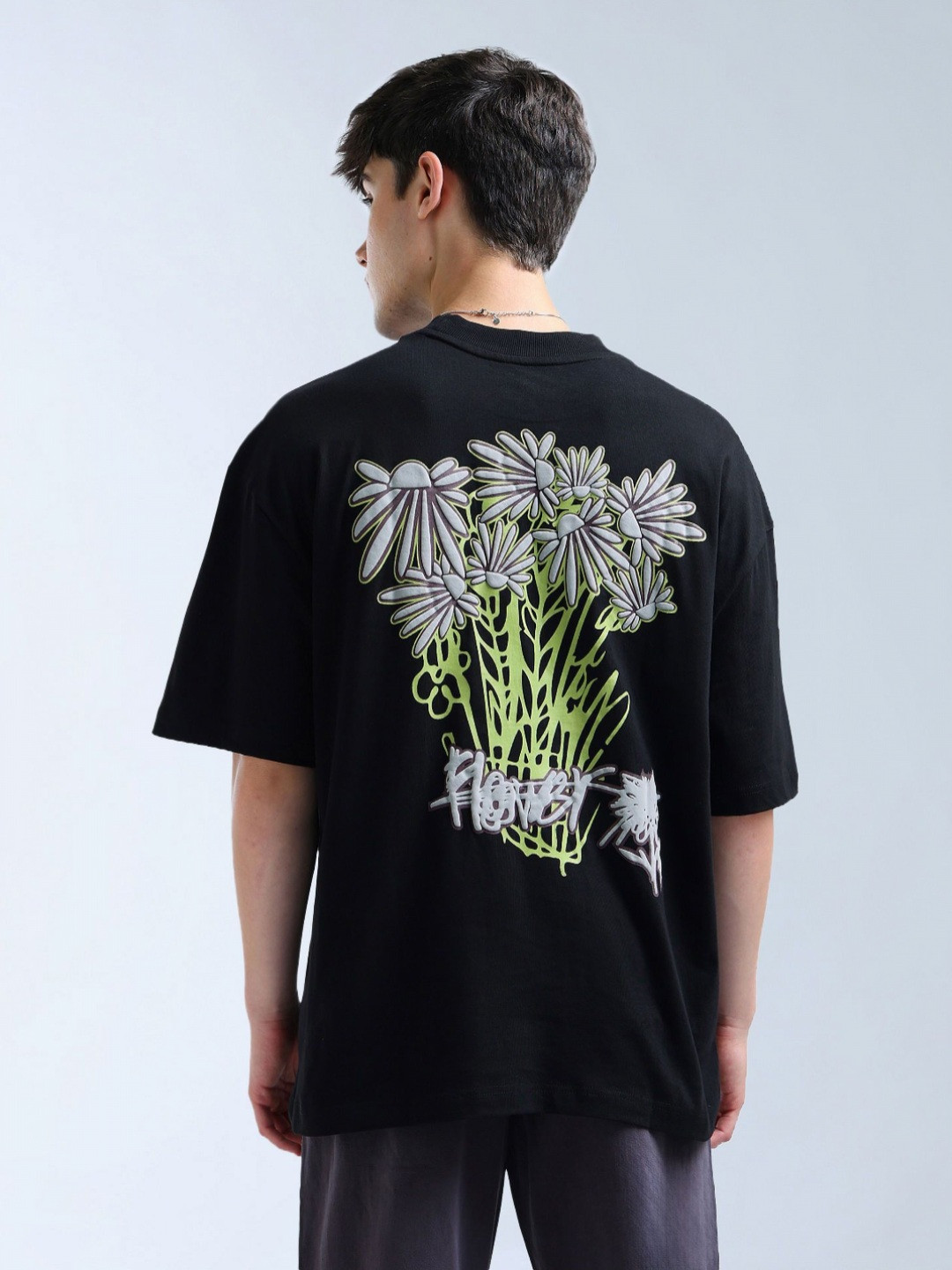 

Flying Machine Graphic Printed Drop-Shoulder Sleeves Ribbed Crew Neck Cotton T-shirt, Black