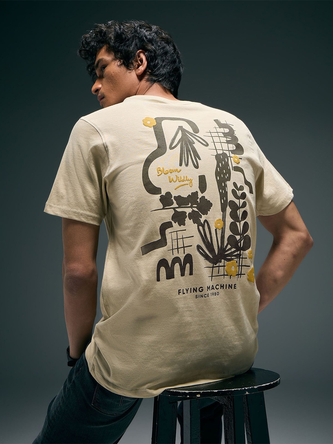 

Flying Machine Graphic Printed Ribbed Crew Neck Cotton T-shirt, Beige