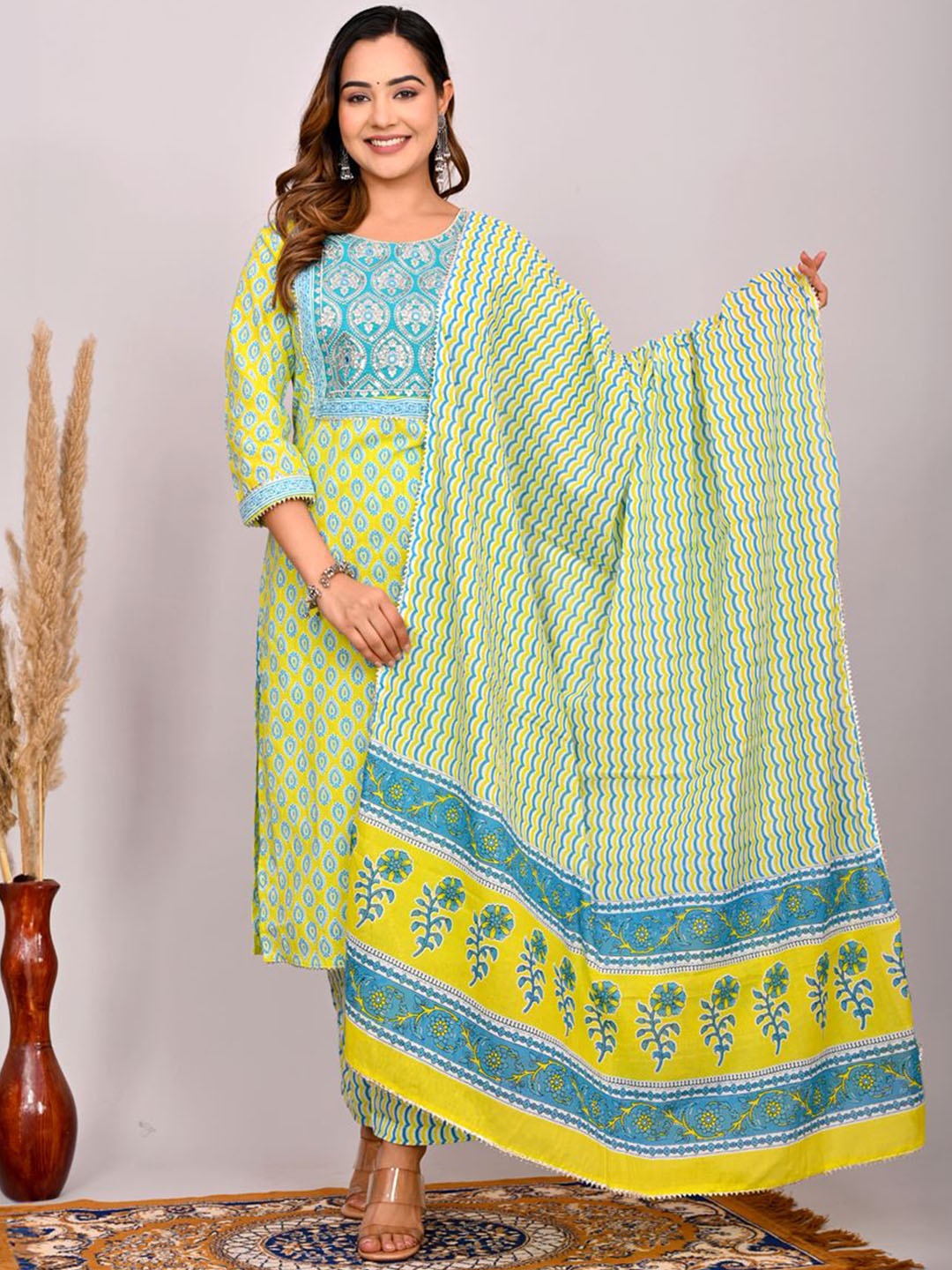 

FABRU Women Floral Printed Regular Thread Work Pure Cotton Kurta with Pyjamas & With Dupatta, Lime green