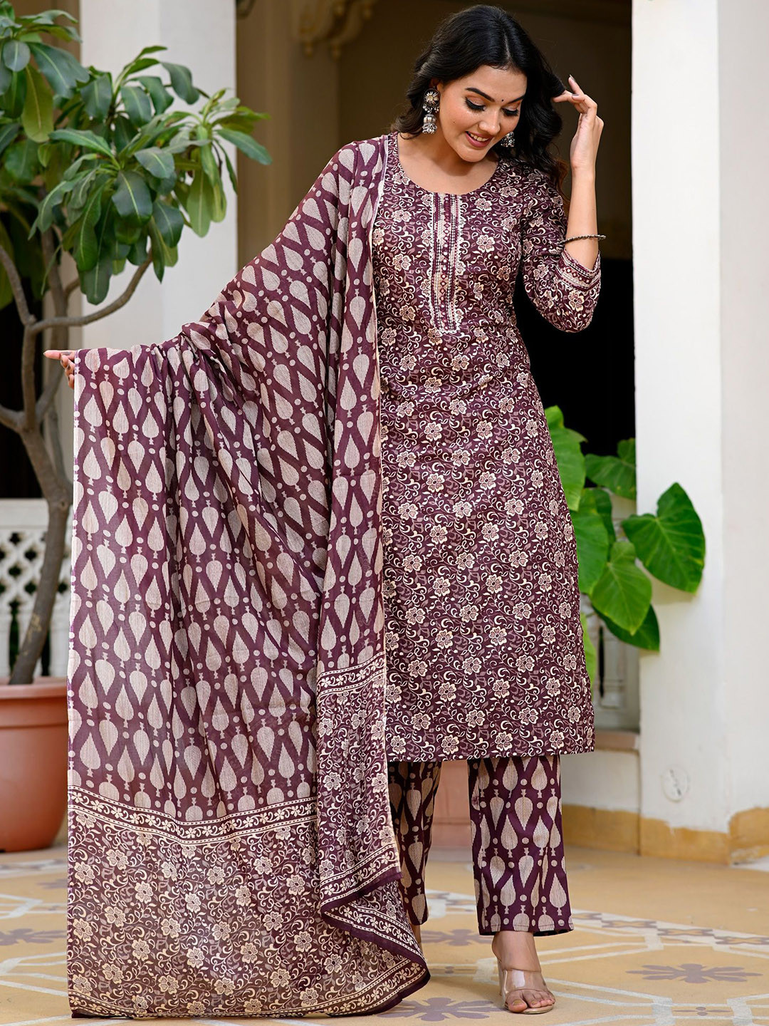 

FABRU Women Floral Printed Regular Thread Work Pure Cotton Kurta with Trousers & With Dupatta, Maroon