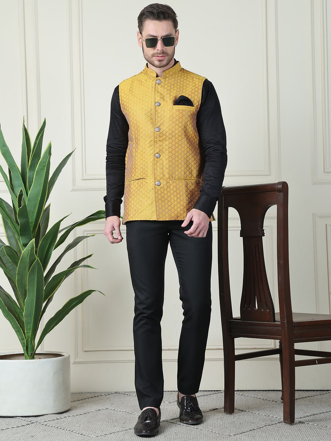 

even Printed Mandarin Collar Nehru Jacket, Yellow