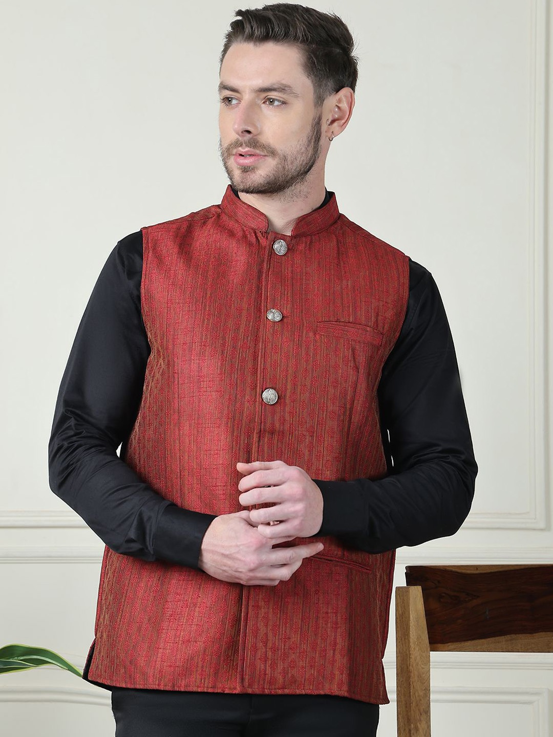 

even Printed Mandarin Collar Nehru Jacket, Maroon