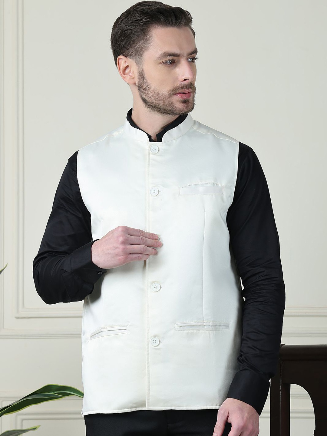 

even Printed Mandarin Collar Nehru Jacket, Off white