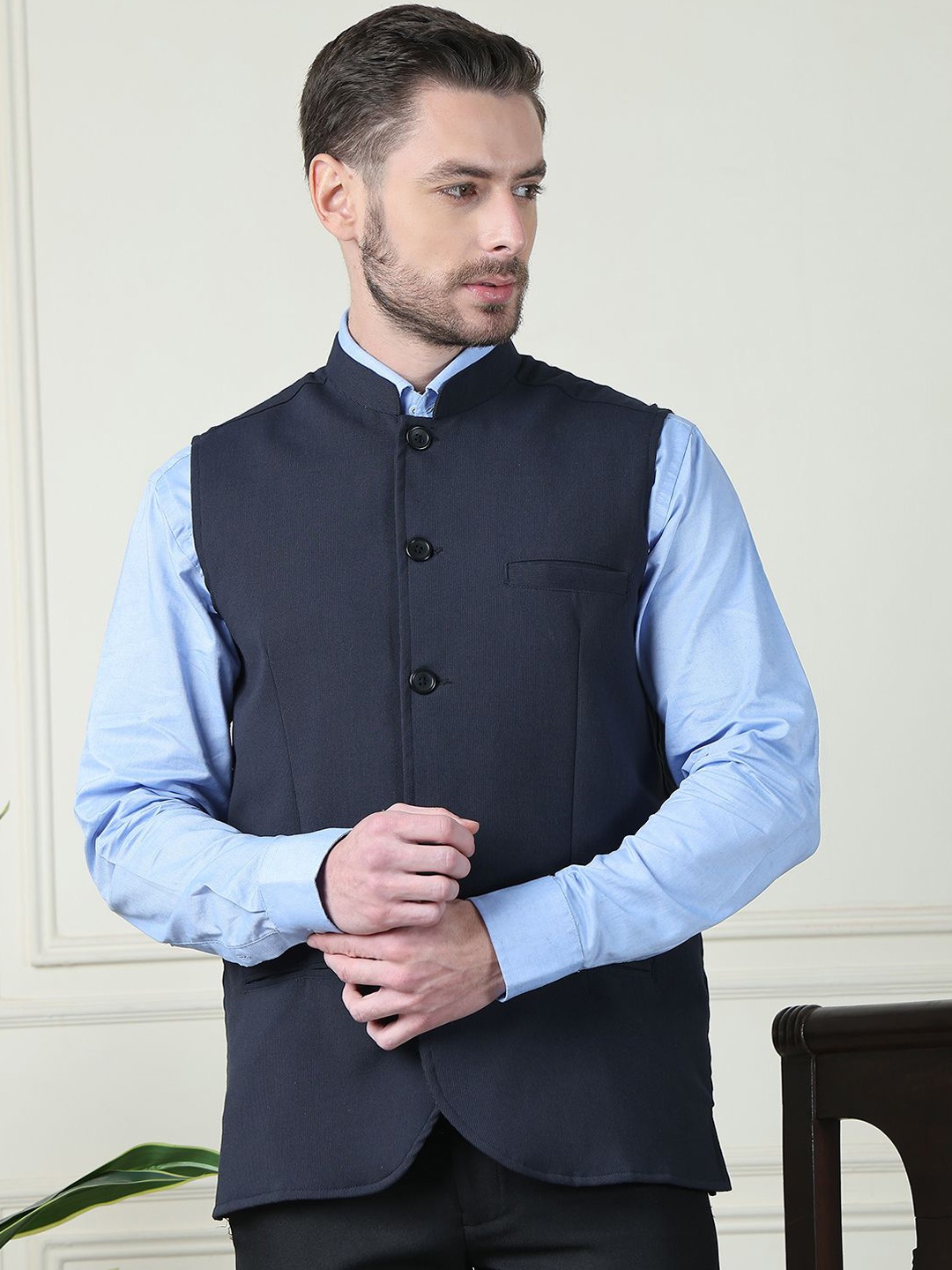 

even Mandarin Collar Nehru Jacket, Blue