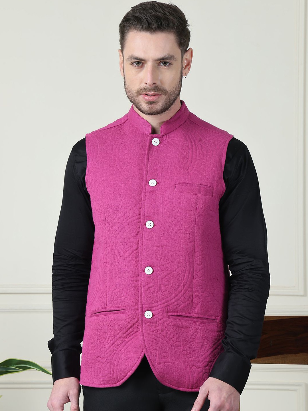 

even Printed Mandarin Collar Nehru Jacket, Fuchsia