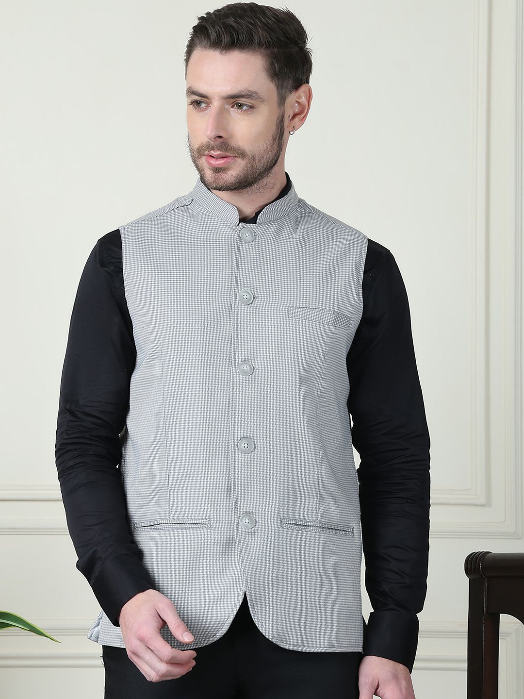 

even Printed Mandarin Collar Nehru Jacket, Grey